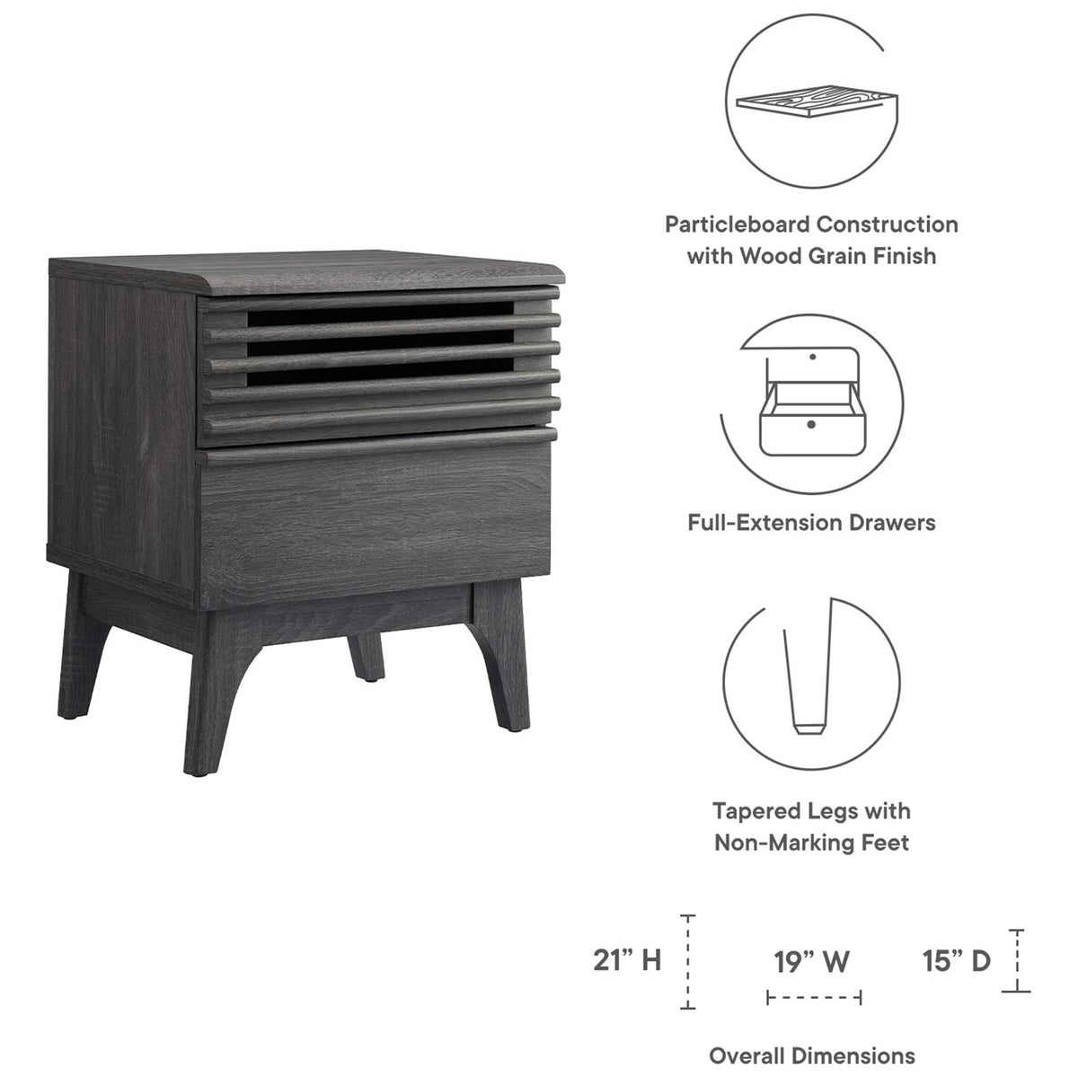 Charcoal nightstand with feature callouts and measurements for drawers, top surface, and tapered legs || MOD-7071-CHA || dimension_studio