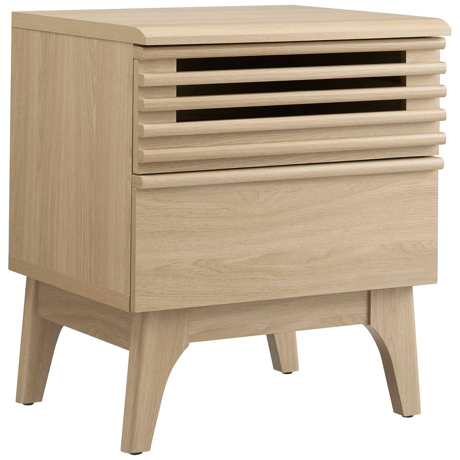 Oak-finished nightstand showcasing warm wood grain, sculpted slats, and an airy raised base || MOD-7071-OAK || front_angle_studio