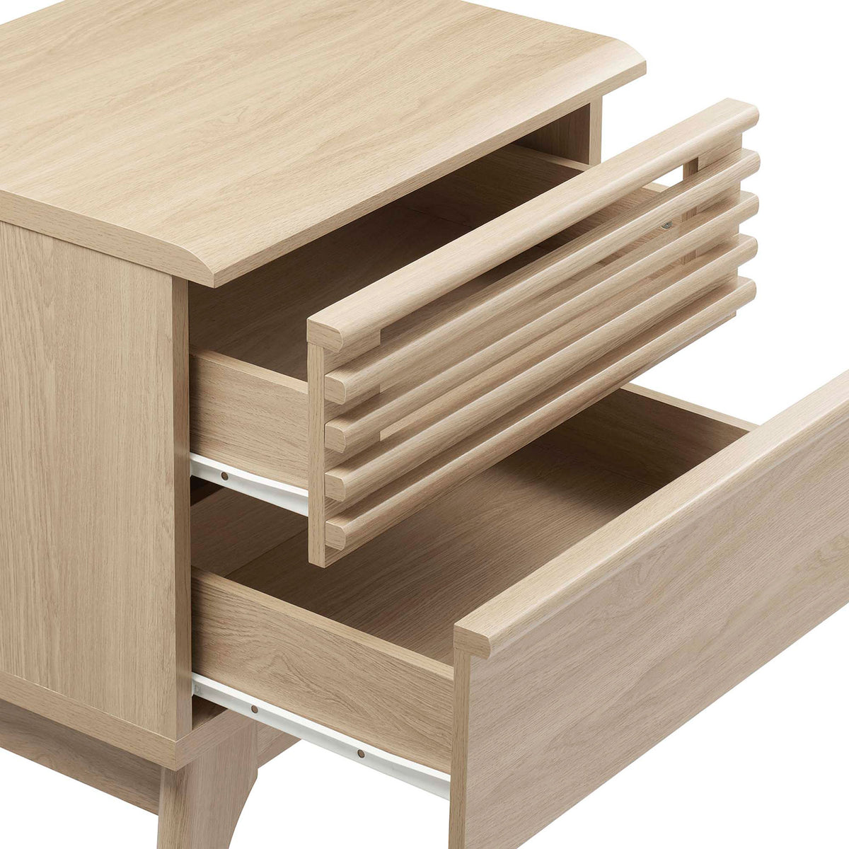 Dual full-extension drawers open to reveal generous storage in a warm oak wood grain finish || MOD-7071-OAK || storage_open_studio