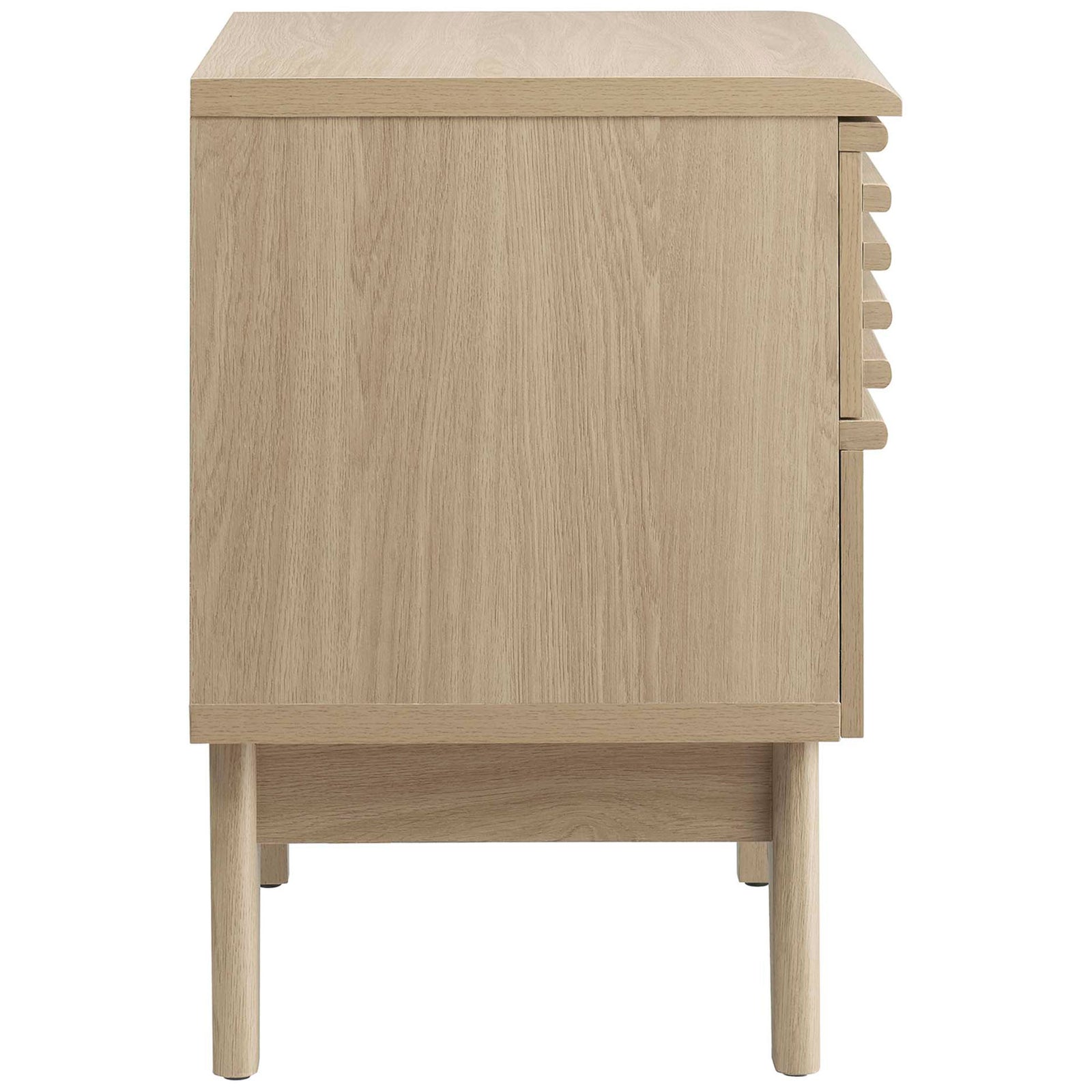 Smooth oak side panel with a rounded top edge highlights the clean-lined mid-century profile || MOD-7071-OAK || side_studio