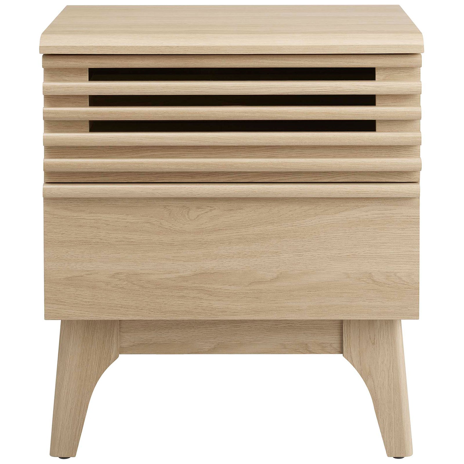 Mid-century oak nightstand with slatted upper drawer front, clean lines, and splayed tapered legs || MOD-7071-OAK || front_studio