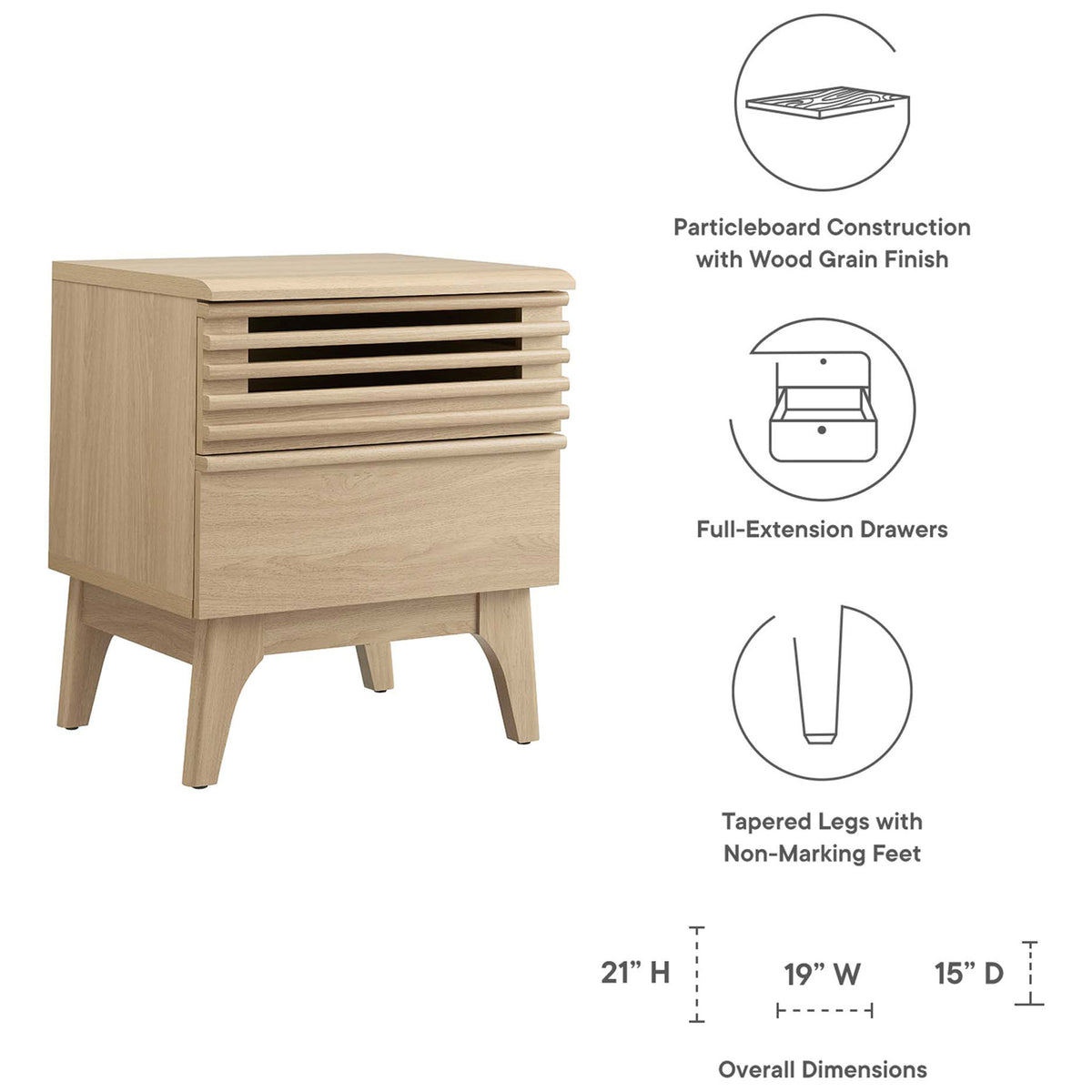 Feature diagram of the oak nightstand with icons for construction, drawers, tapered legs, and overall dimensions || MOD-7071-OAK || dimension_studio