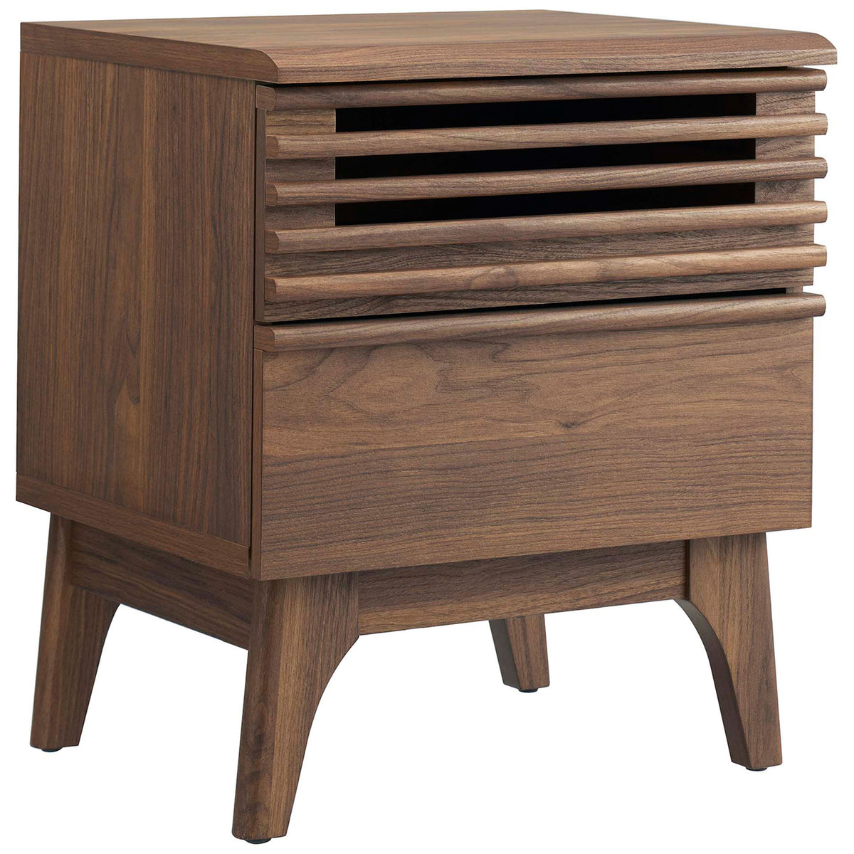 Mid-century walnut nightstand with louvered top drawer and tapered legs in a warm wood grain finish || MOD-7071-WAL || front_angle_studio