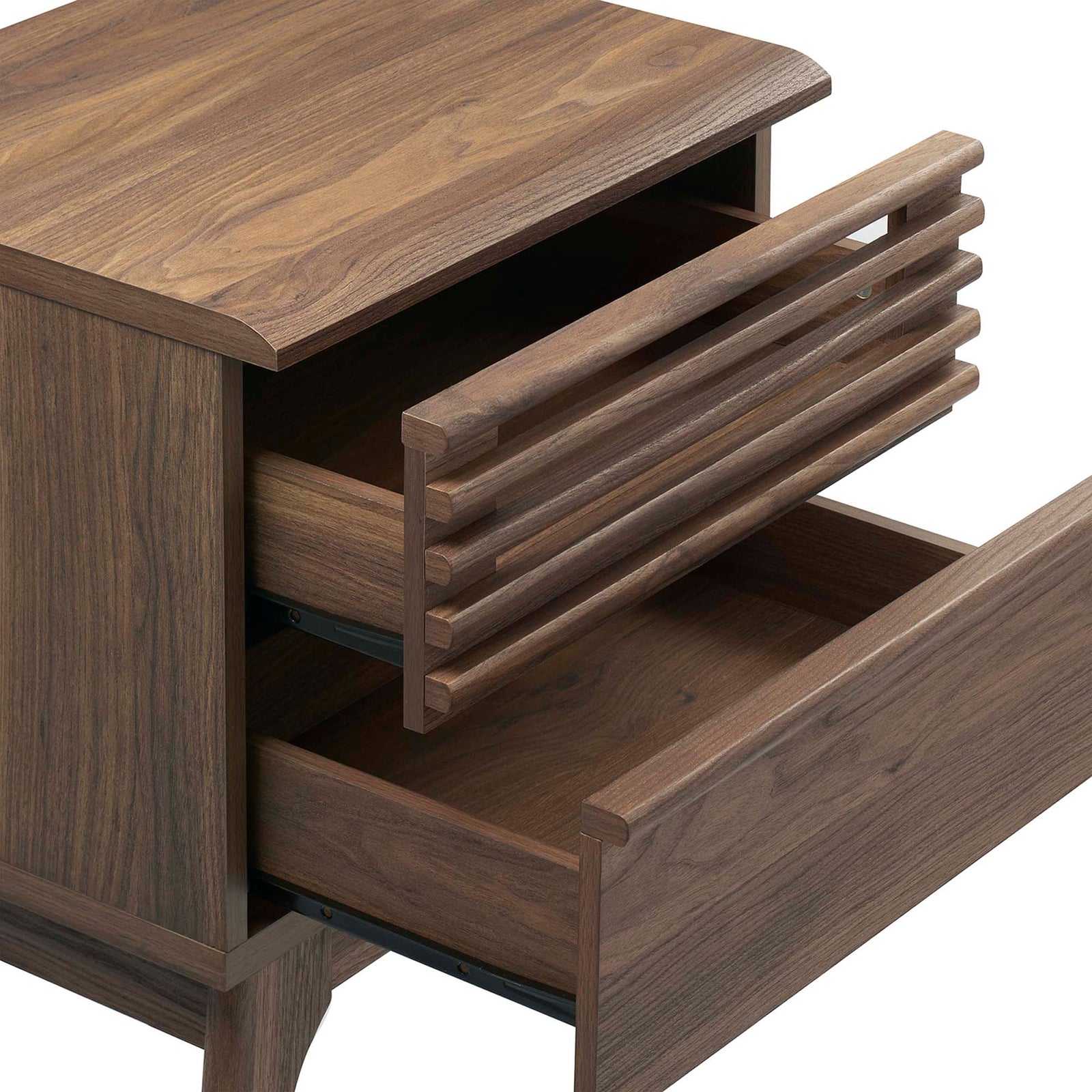 Open slatted top drawer and deep lower drawer revealing spacious storage inside the walnut nightstand || MOD-7071-WAL || storage_open_studio