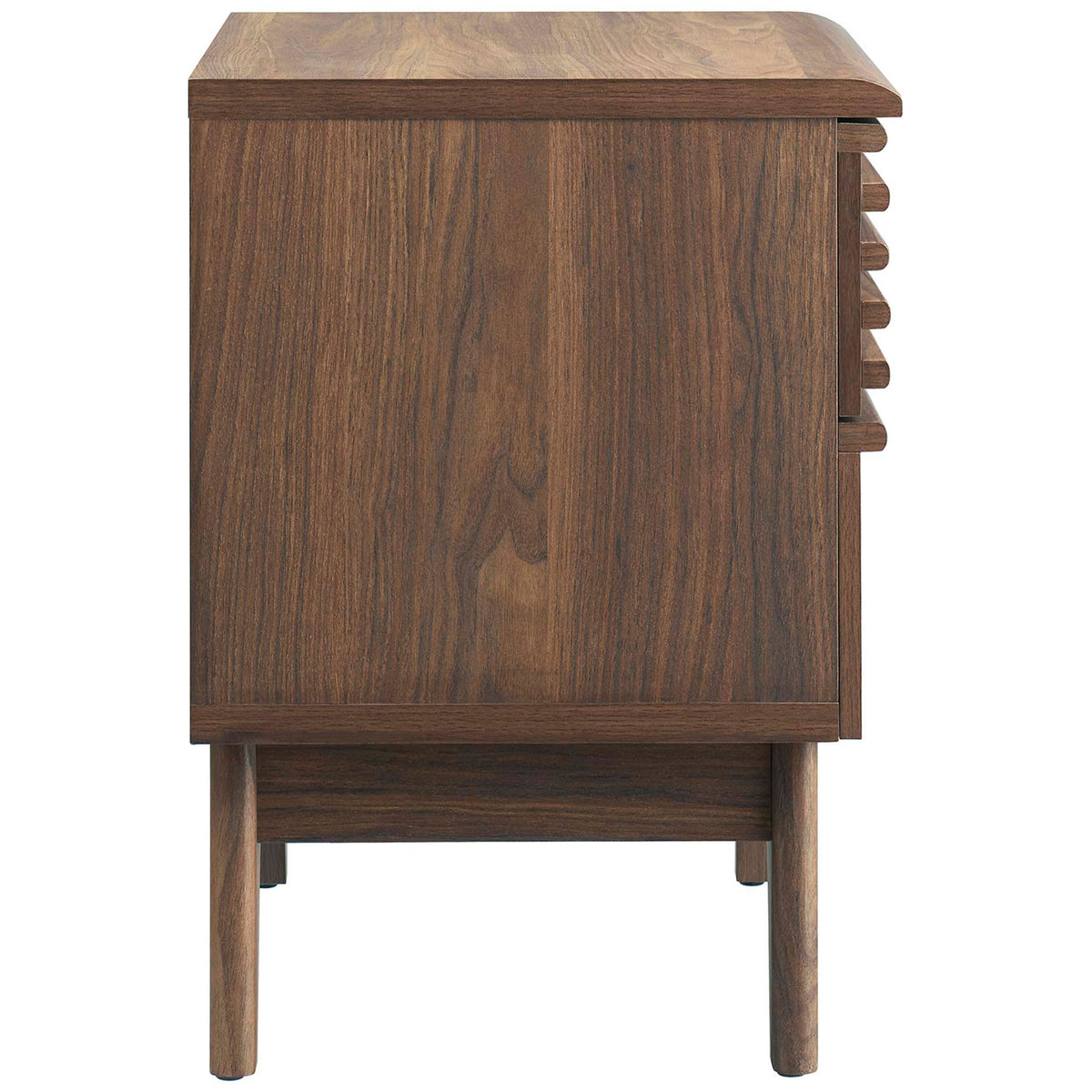 Side view of walnut nightstand showcasing clean lines, smooth wood grain, and elevated base || MOD-7071-WAL || side_studio