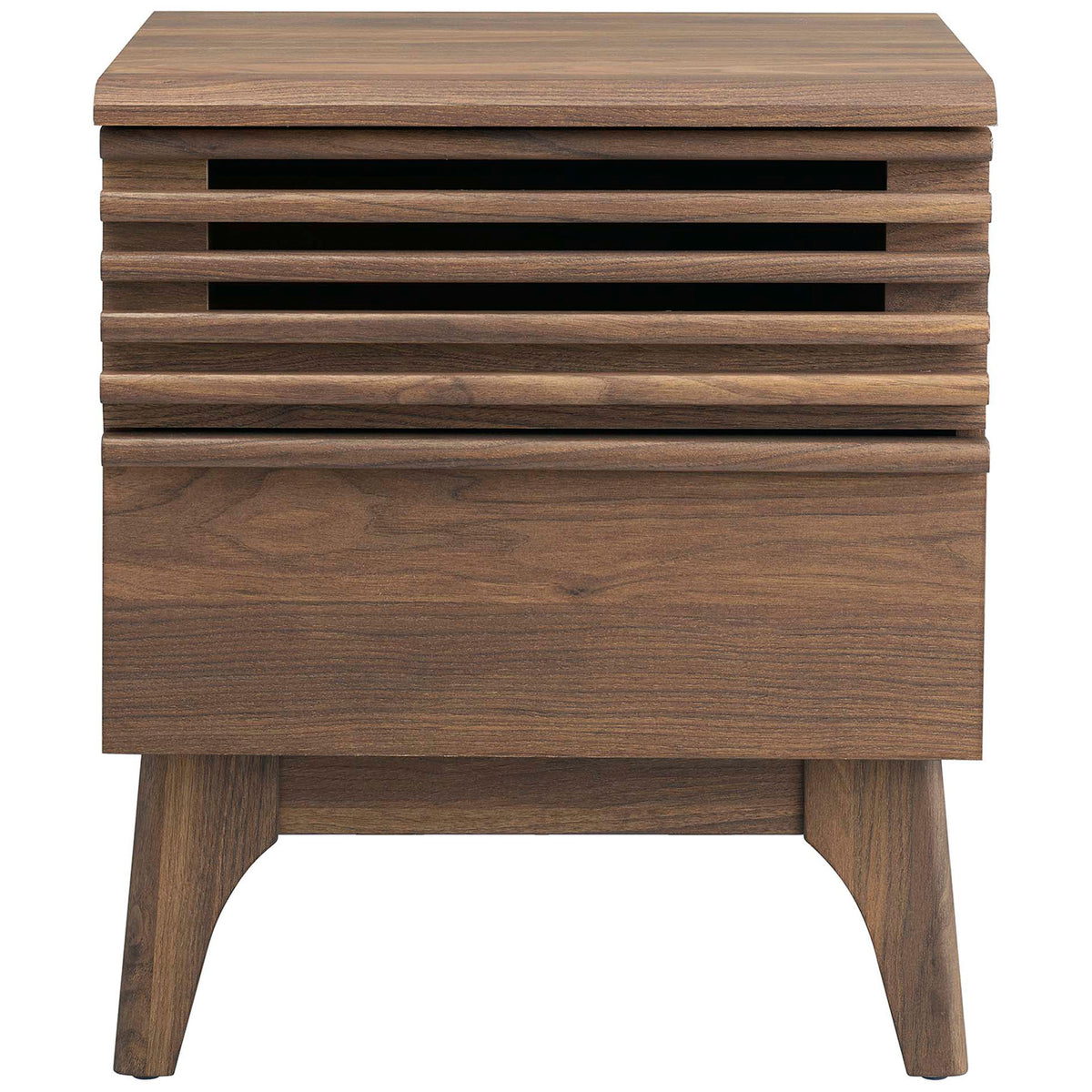 Walnut nightstand with slatted upper drawer front and sleek lower drawer for streamlined bedside storage || MOD-7071-WAL || front_studio