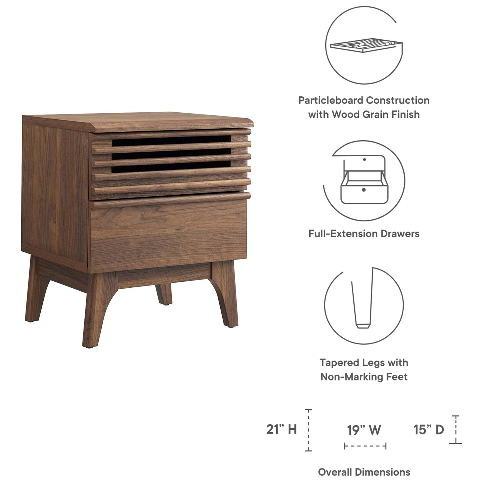 Walnut nightstand with slatted drawer front shown with icons and dimensions highlighting key features || MOD-7071-WAL || dimension_studio