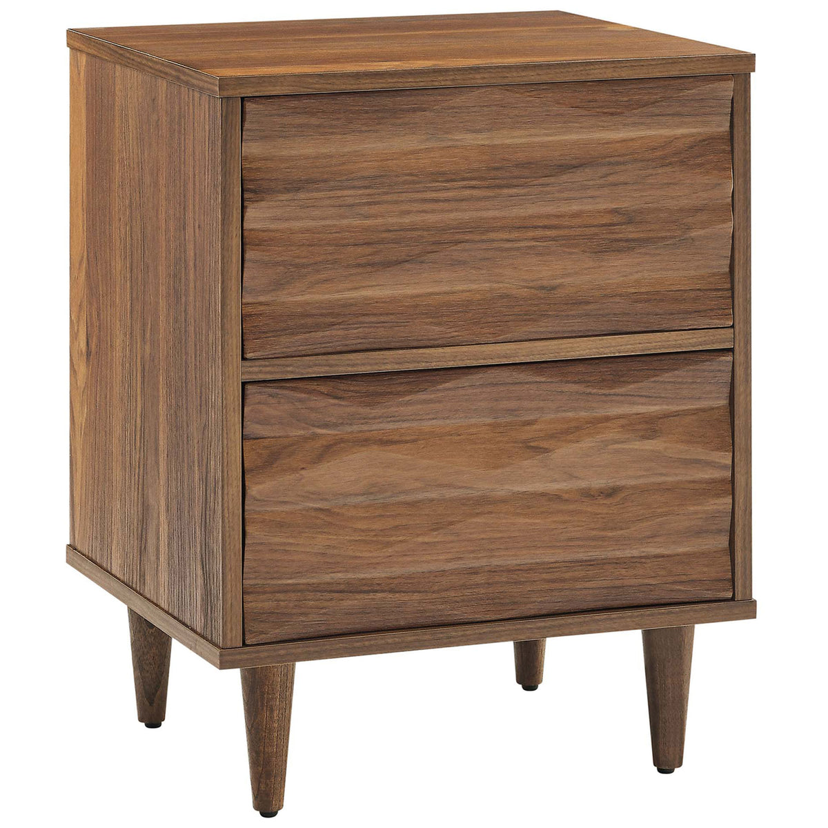Modern walnut nightstand with tapered legs and rich wood grain on all sides || MOD-7080-WAL || front_angle_studio