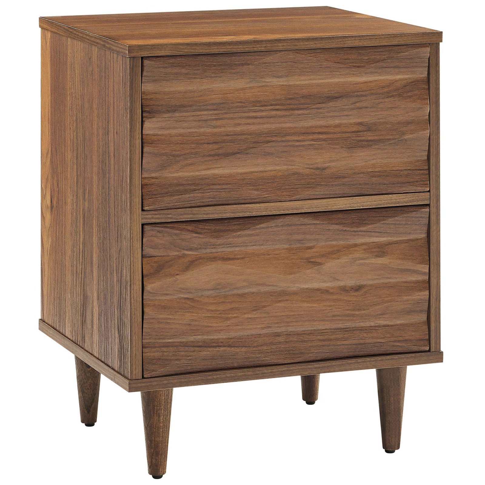 Modern walnut nightstand with tapered legs and rich wood grain on all sides || MOD-7080-WAL || front_angle_studio