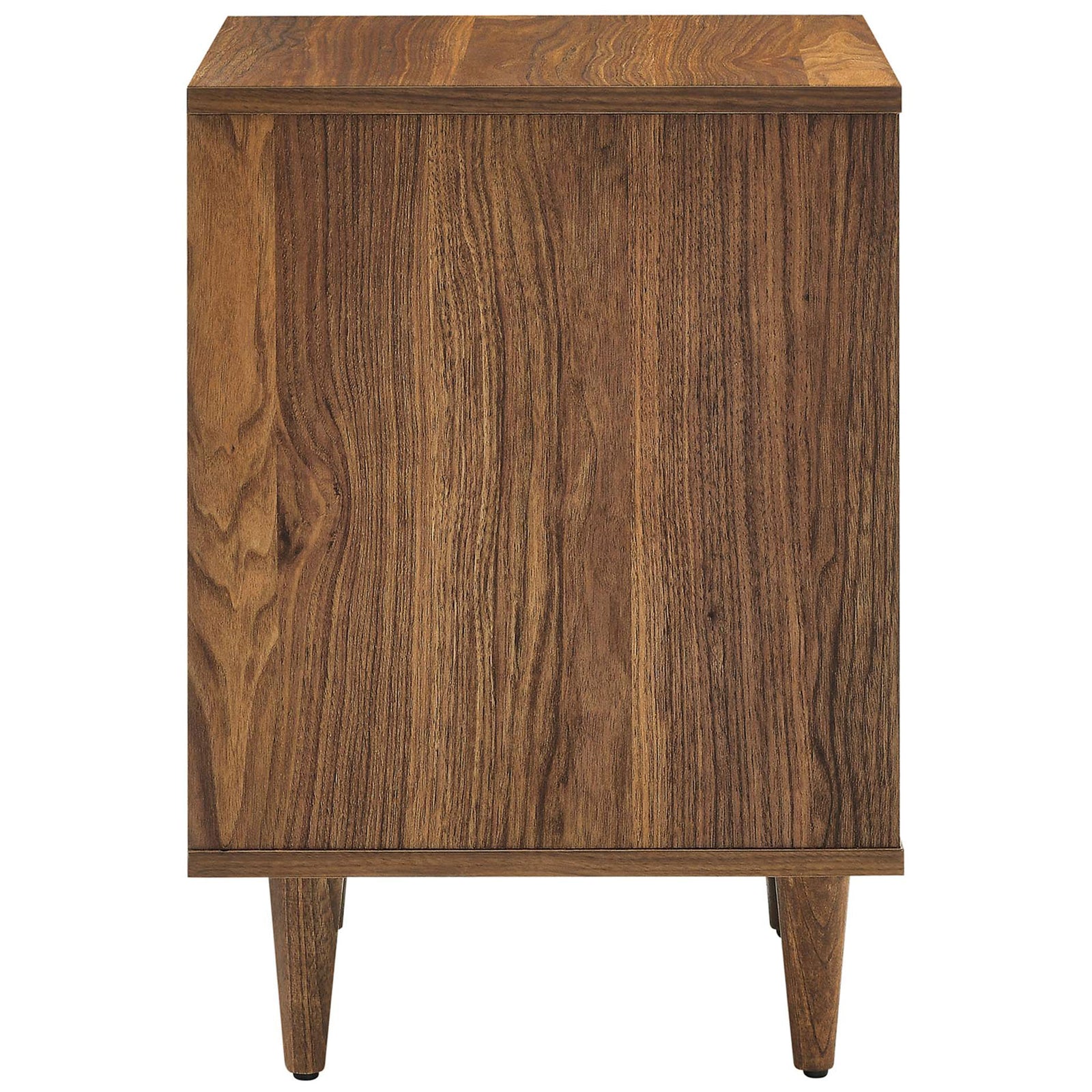 Side profile showcasing continuous walnut grain and slim, modern frame || MOD-7080-WAL || side_studio