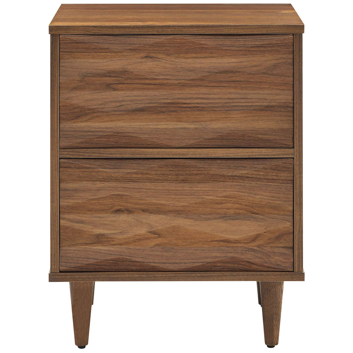 Walnut nightstand with smooth wave-front drawers and clean modern silhouette || MOD-7080-WAL || front_studio