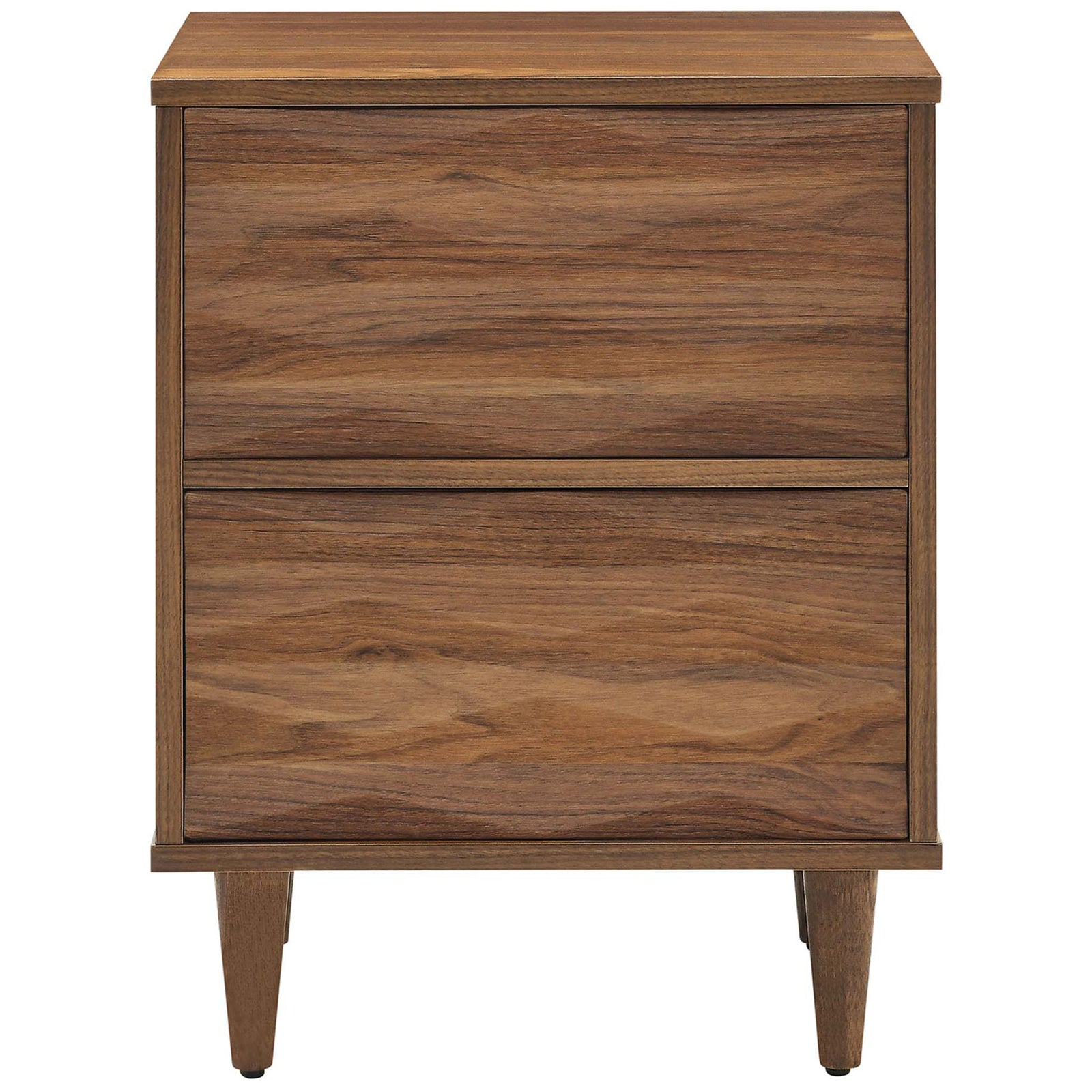 Walnut nightstand with smooth wave-front drawers and clean modern silhouette || MOD-7080-WAL || front_studio