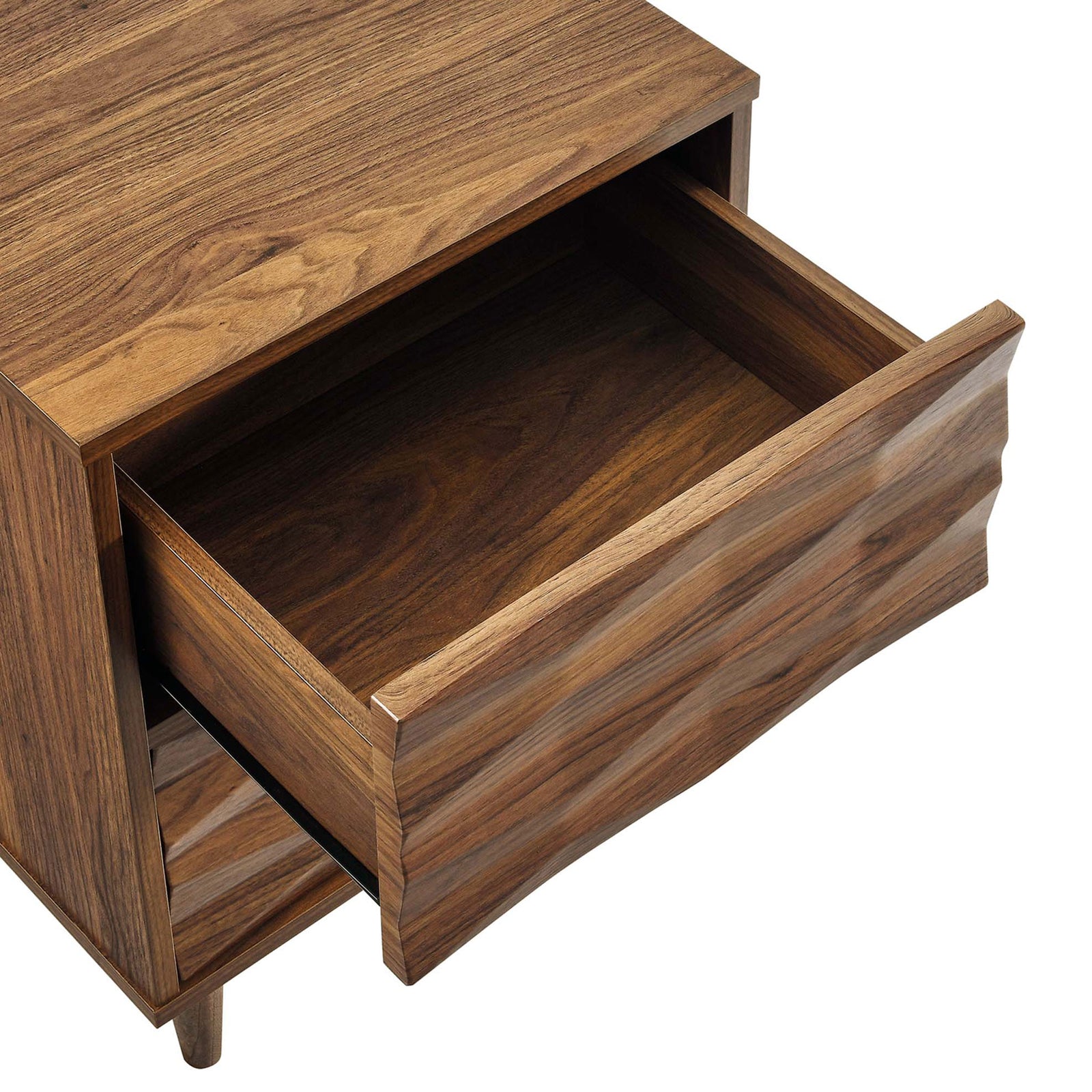 Spacious upper drawer reveals smooth interior storage for bedside essentials || MOD-7080-WAL || storage_open_studio