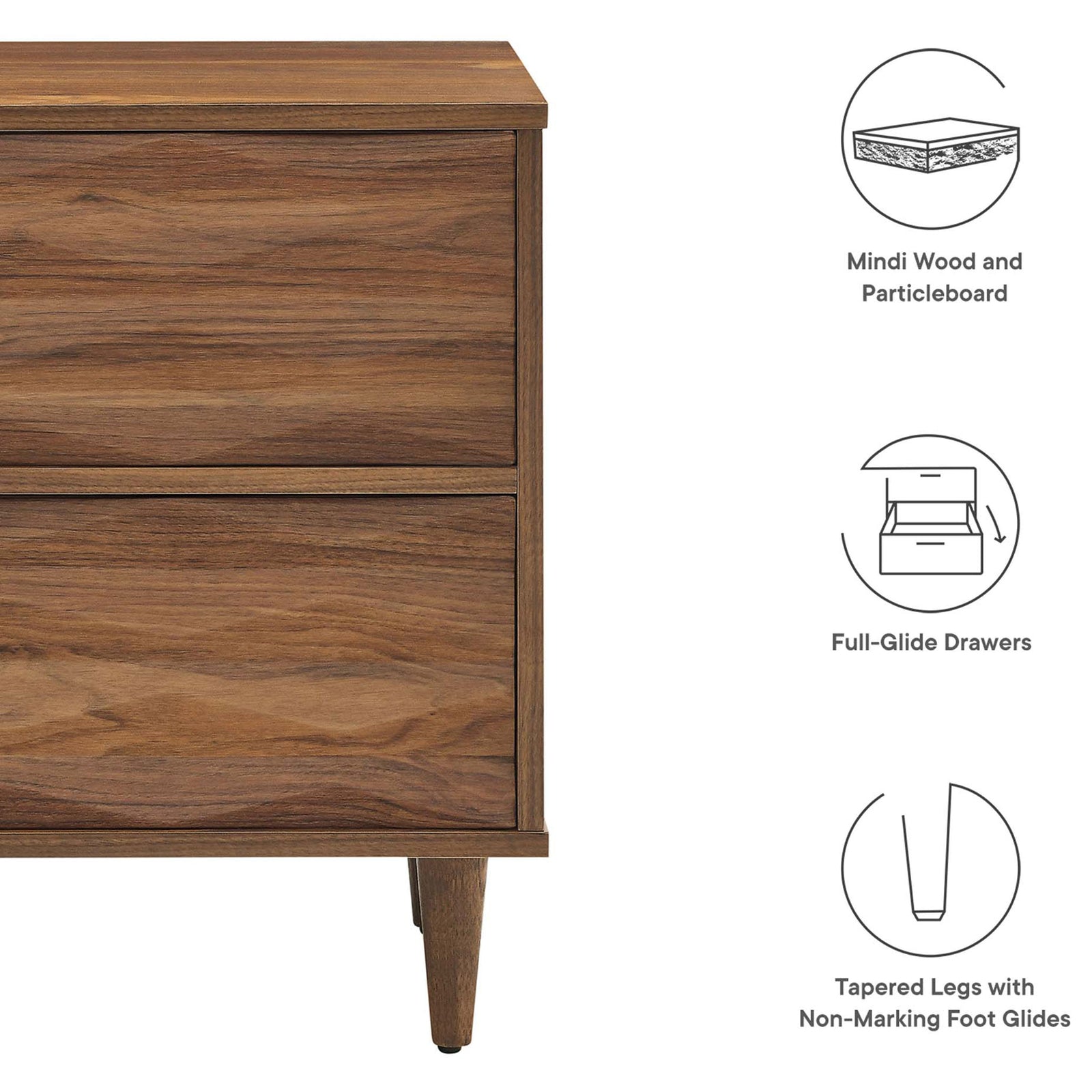 Feature graphic highlighting wood construction, full-glide drawers, and non-marking feet || MOD-7080-WAL || callout_studio