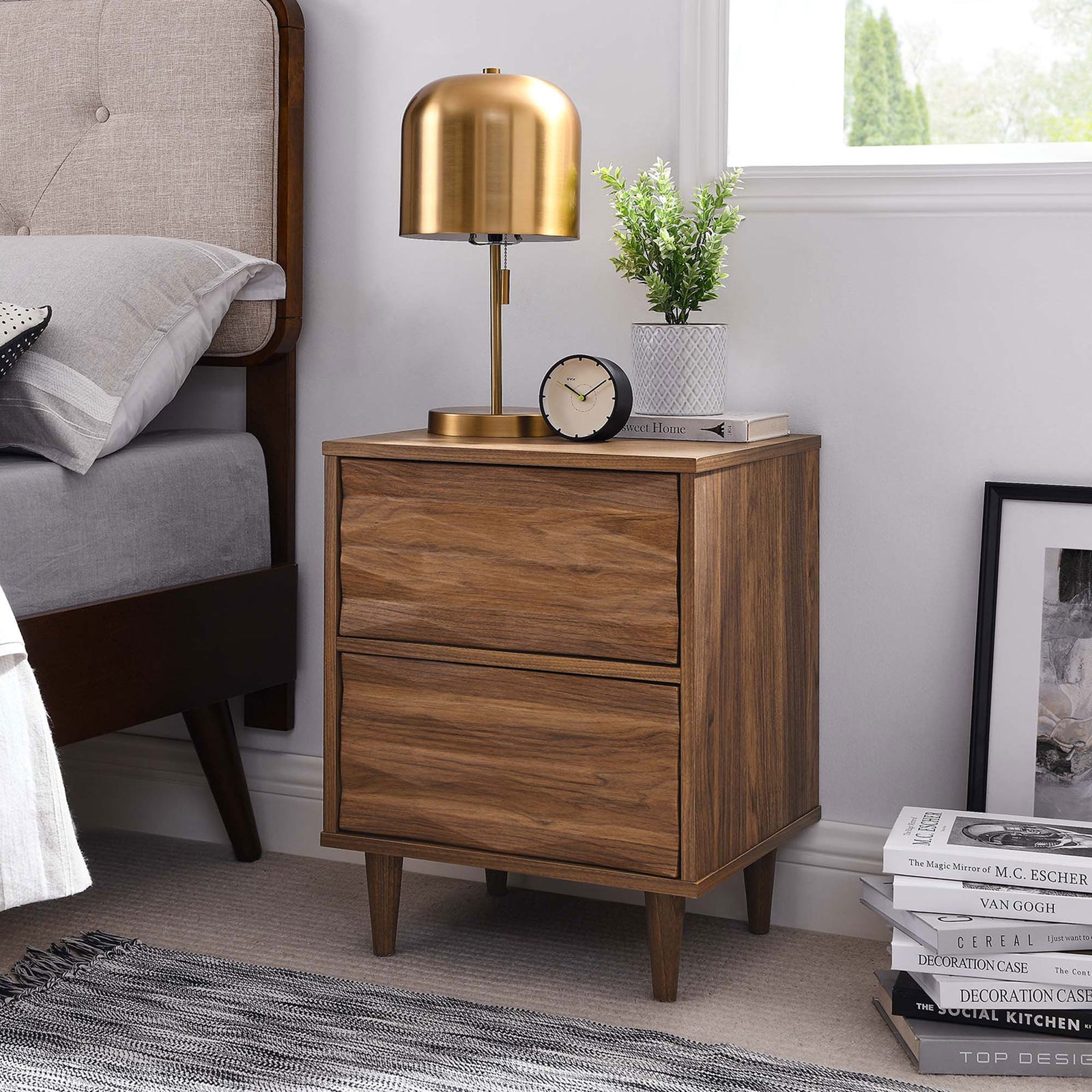 Walnut nightstand styled beside the bed with lamp, clock, and decor accents || MOD-7080-WAL || front_angle_room
