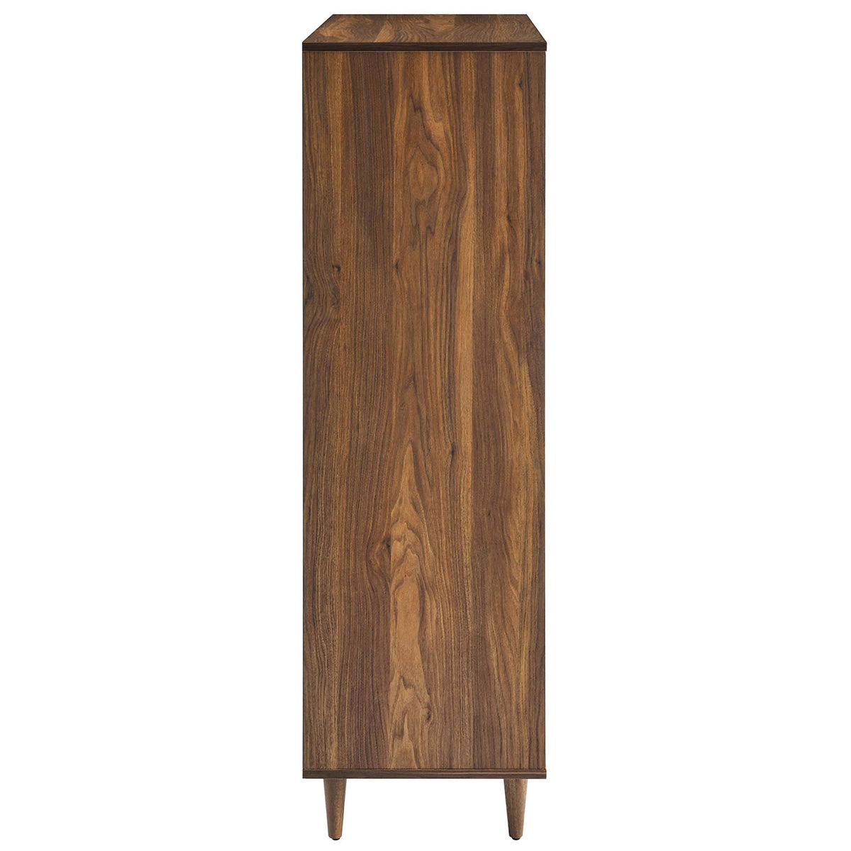 Slim cabinet profile showcases continuous walnut wood grain and tapered legs for compact bedroom storage || MOD-7082-WAL || side_studio