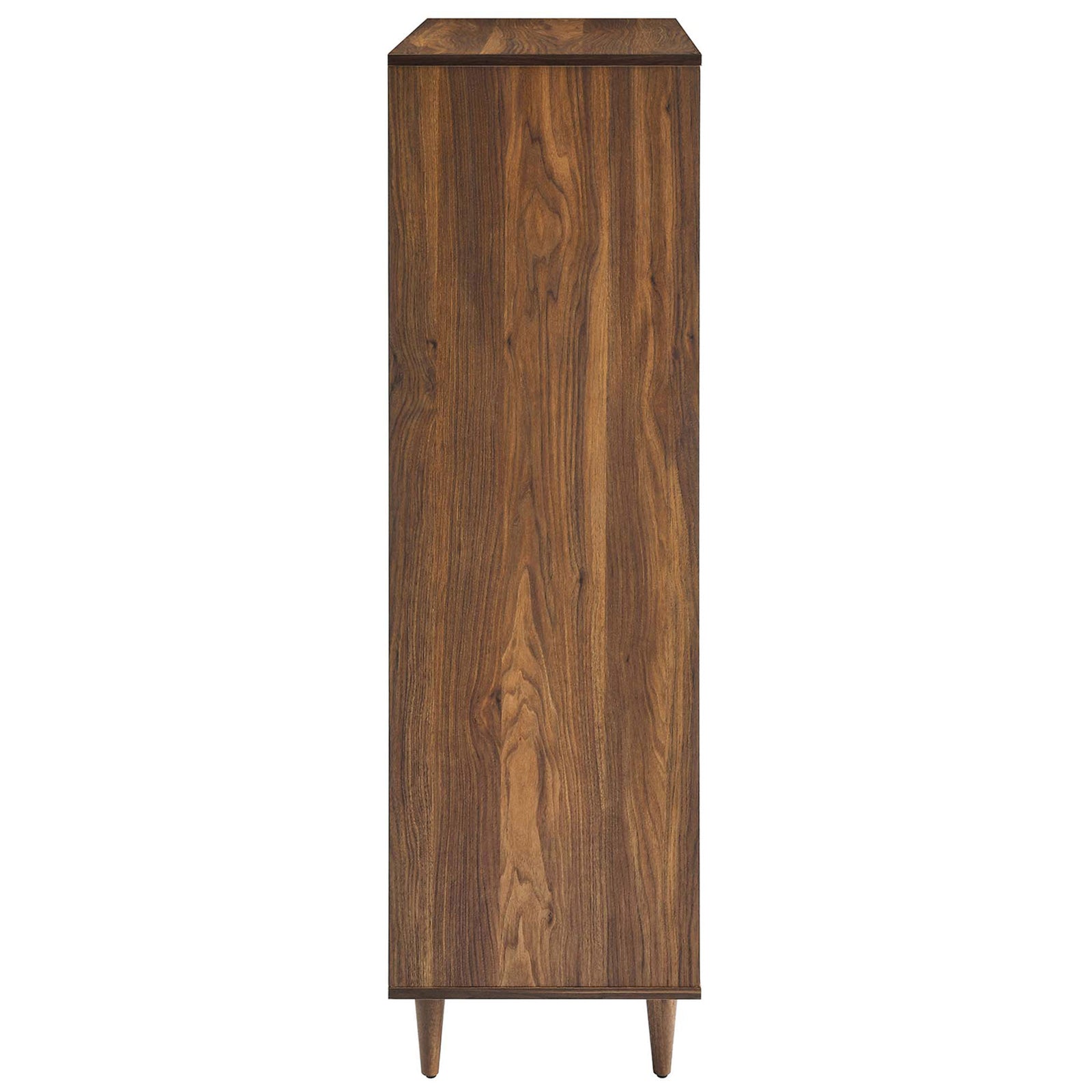 Slim cabinet profile showcases continuous walnut wood grain and tapered legs for compact bedroom storage || MOD-7082-WAL || side_studio