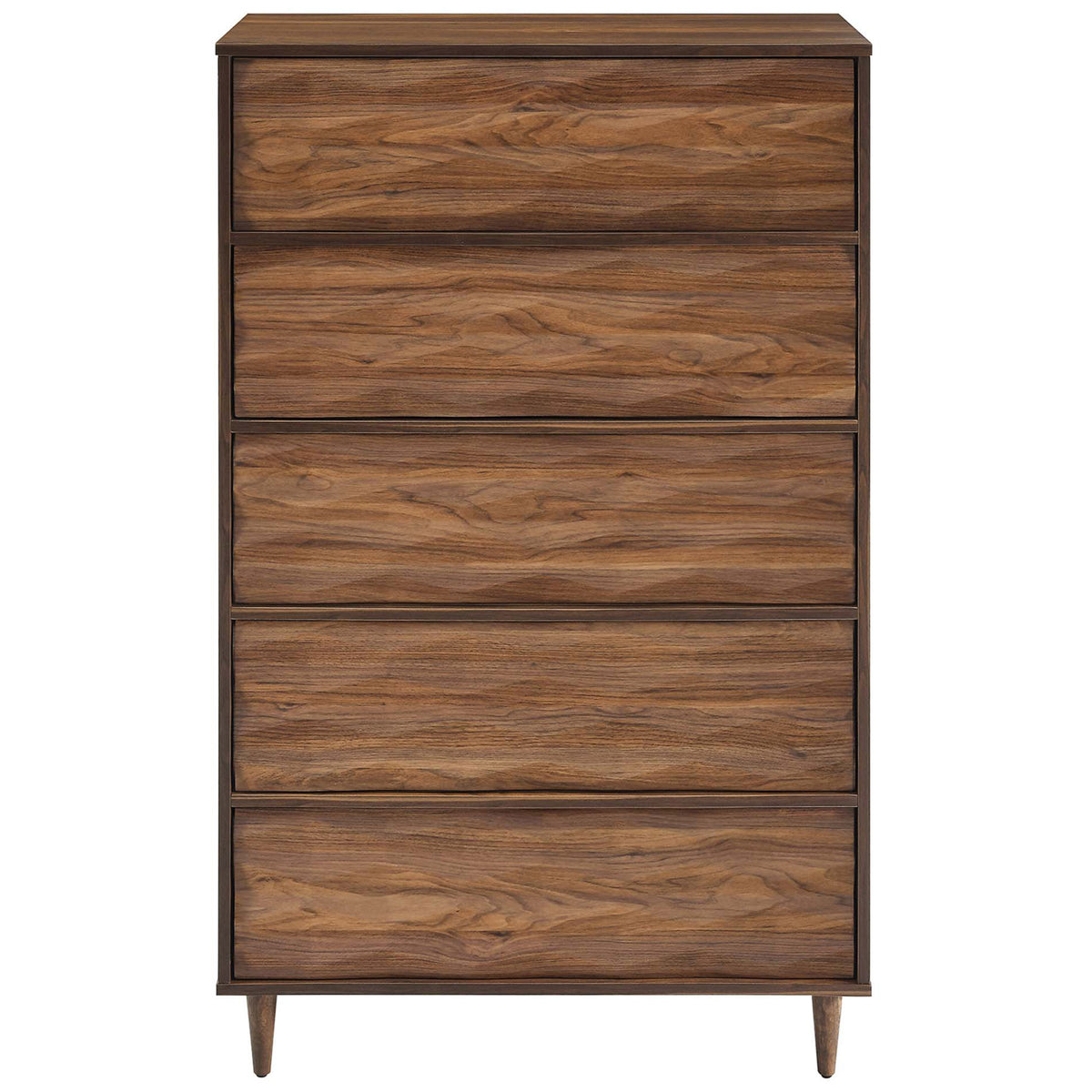 Vespera walnut 5-drawer chest featuring a grooved wave facade and clean mid-century silhouette || MOD-7082-WAL || front_studio