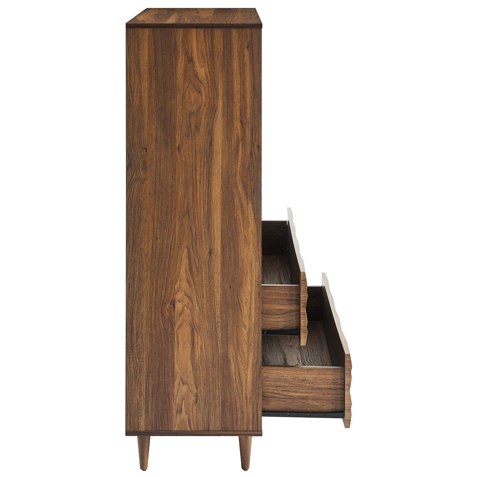 Deep drawers glide smoothly open to reveal generous storage while preserving the chest's sleek lines || MOD-7082-WAL || side_open_studio