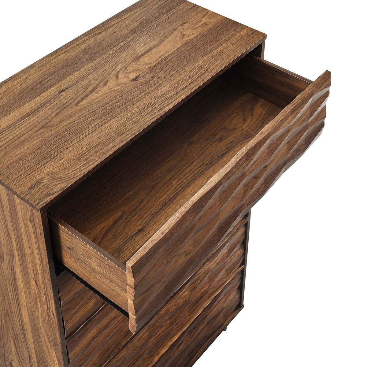Top drawer opens wide, displaying organized storage space beneath the textured wave front detail || MOD-7082-WAL || storage_open_studio