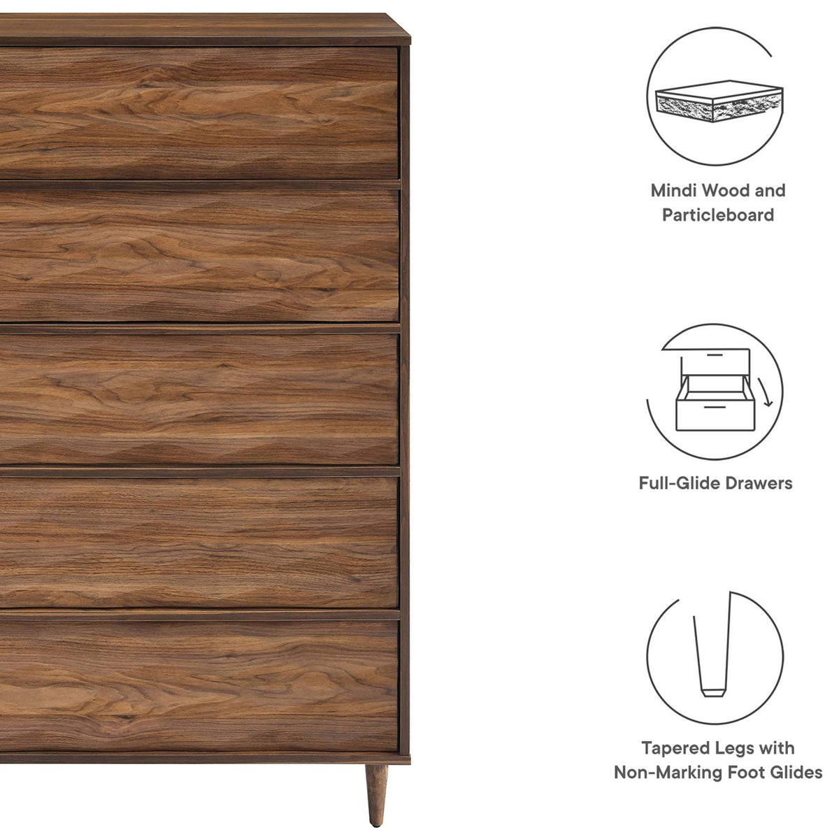 Feature icons highlight mindi wood construction, full-glide drawers, and tapered legs with non-marking glides || MOD-7082-WAL || callout_studio