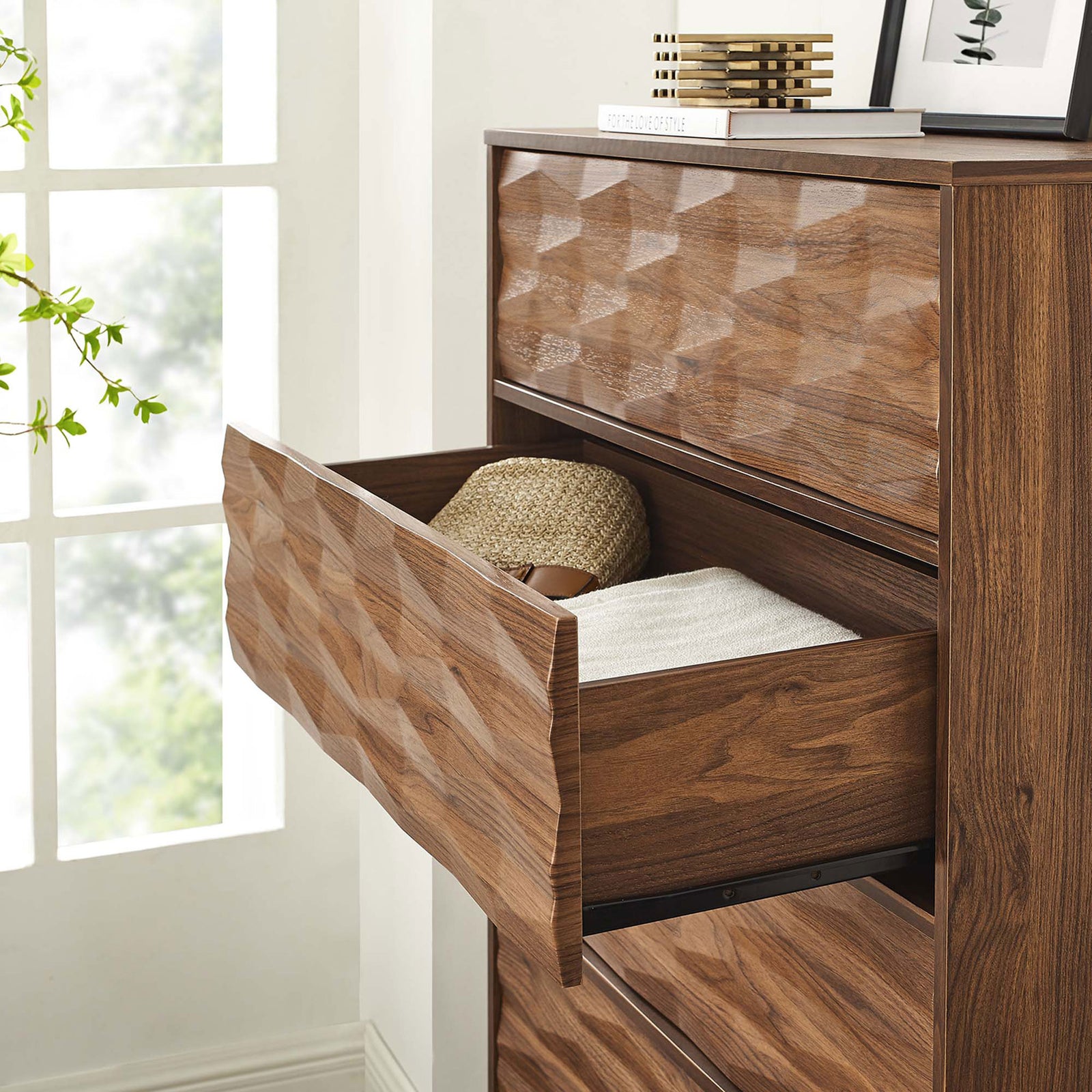 Upper drawer holds neatly folded linens and accessories, showing practical everyday storage in the Vespera chest || MOD-7082-WAL || storage_open_room