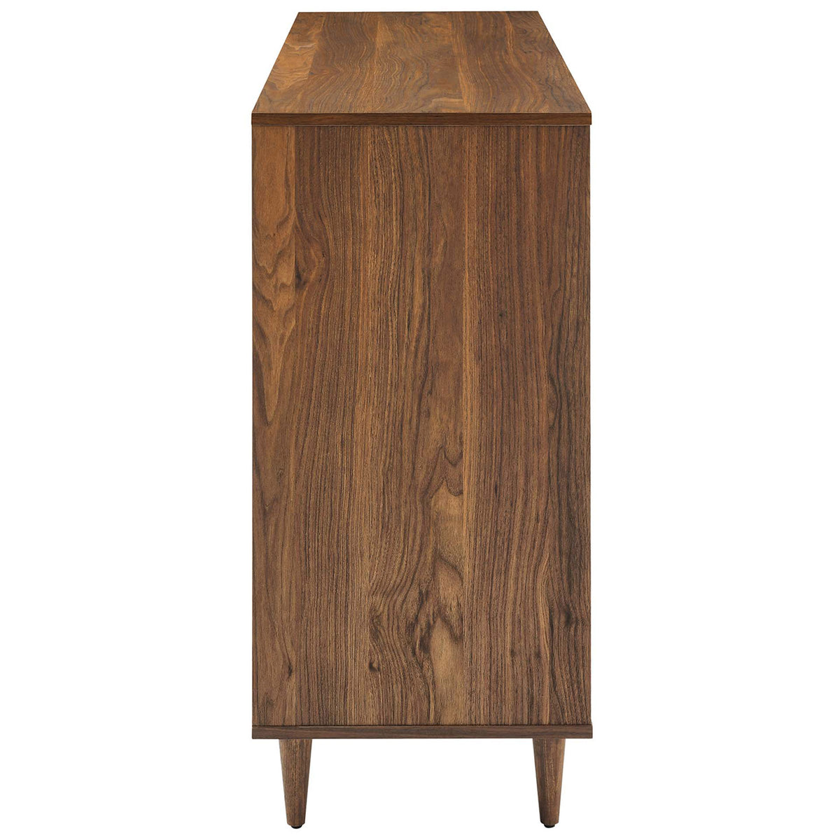 Smooth walnut wood grain dresser profile with clean lines and tapered legs for modern bedrooms || MOD-7083-WAL || side_studio
