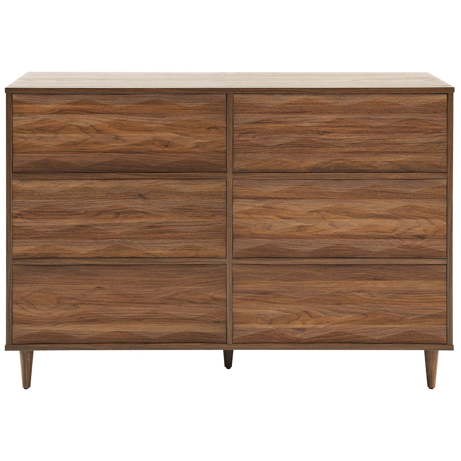 Spacious six-drawer walnut dresser showcasing a rippled wave facade and streamlined modern silhouette || MOD-7083-WAL || front_studio