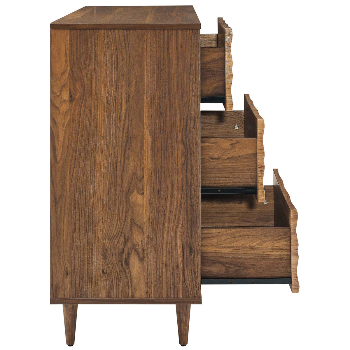 Walnut dresser with smooth-glide drawers open to reveal generous storage for clothes and linens || MOD-7083-WAL || side_open_studio