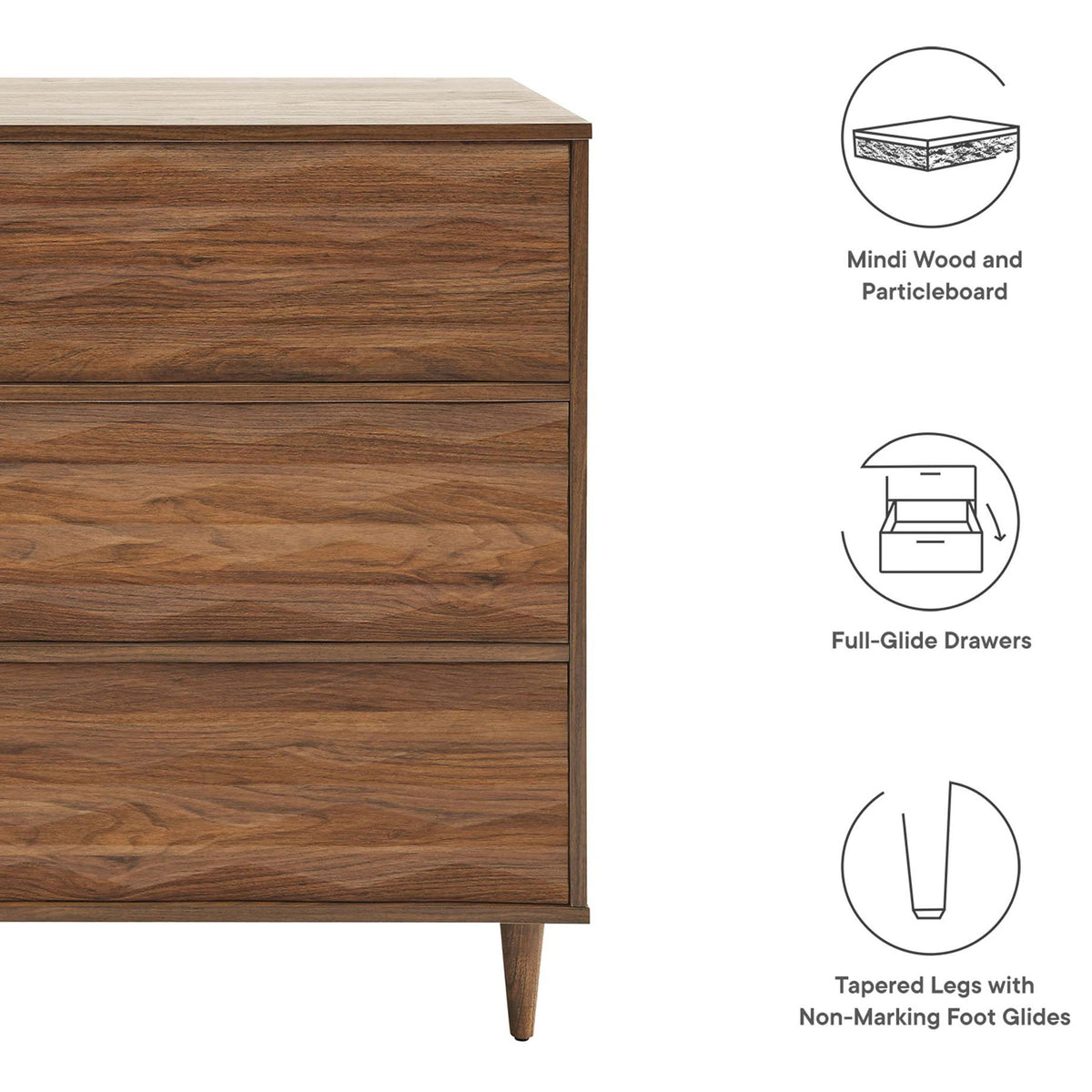 Walnut dresser panel highlights the wave-front design, full-glide drawers, and tapered legs with non-marking feet || MOD-7083-WAL || callout_studio