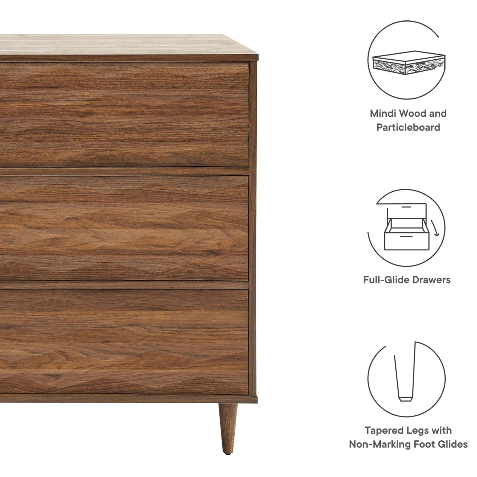 Walnut dresser panel highlights the wave-front design, full-glide drawers, and tapered legs with non-marking feet || MOD-7083-WAL || callout_studio