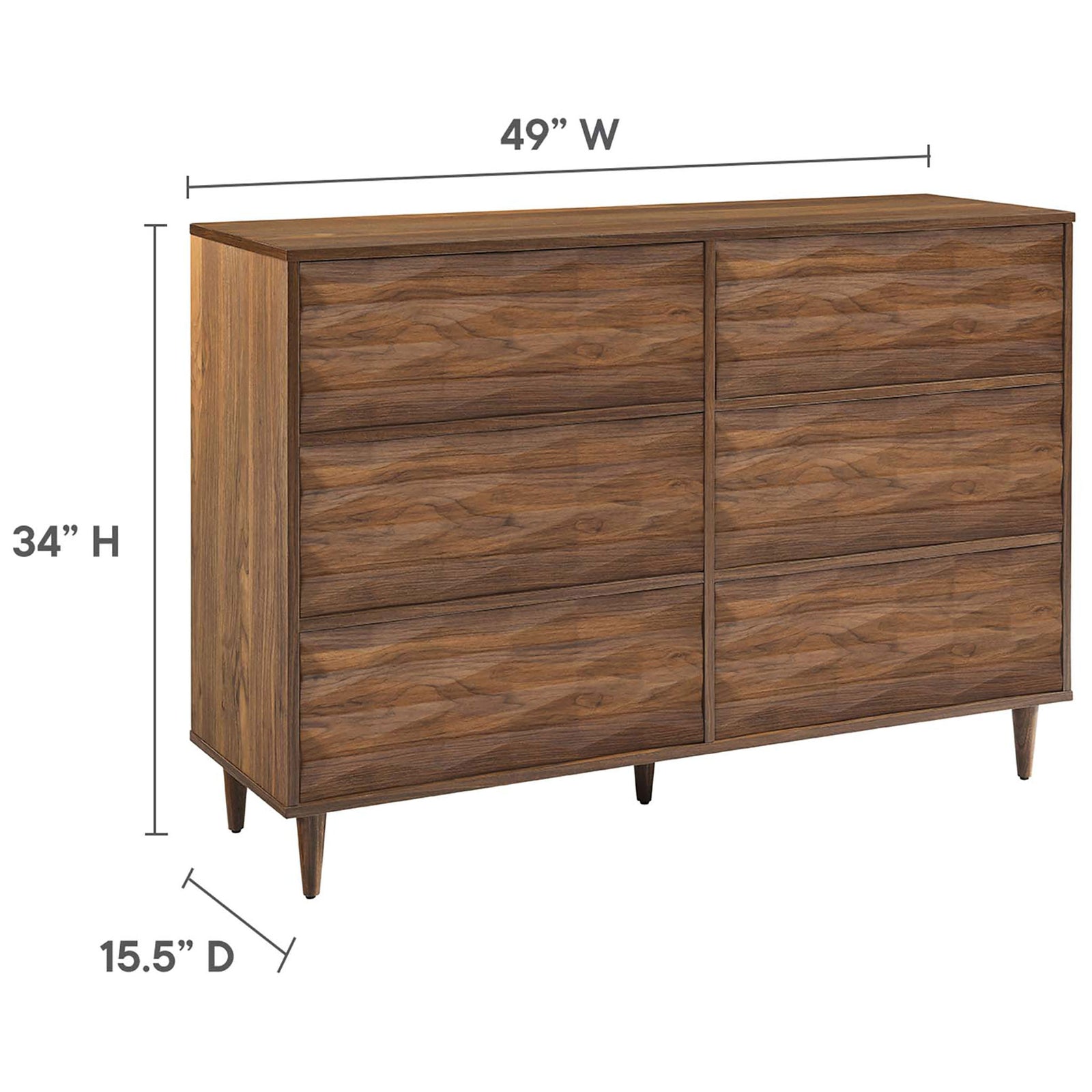 Modern walnut dresser with six deep drawers and slim profile sized to fit effortlessly in your space || MOD-7083-WAL || dimension_studio
