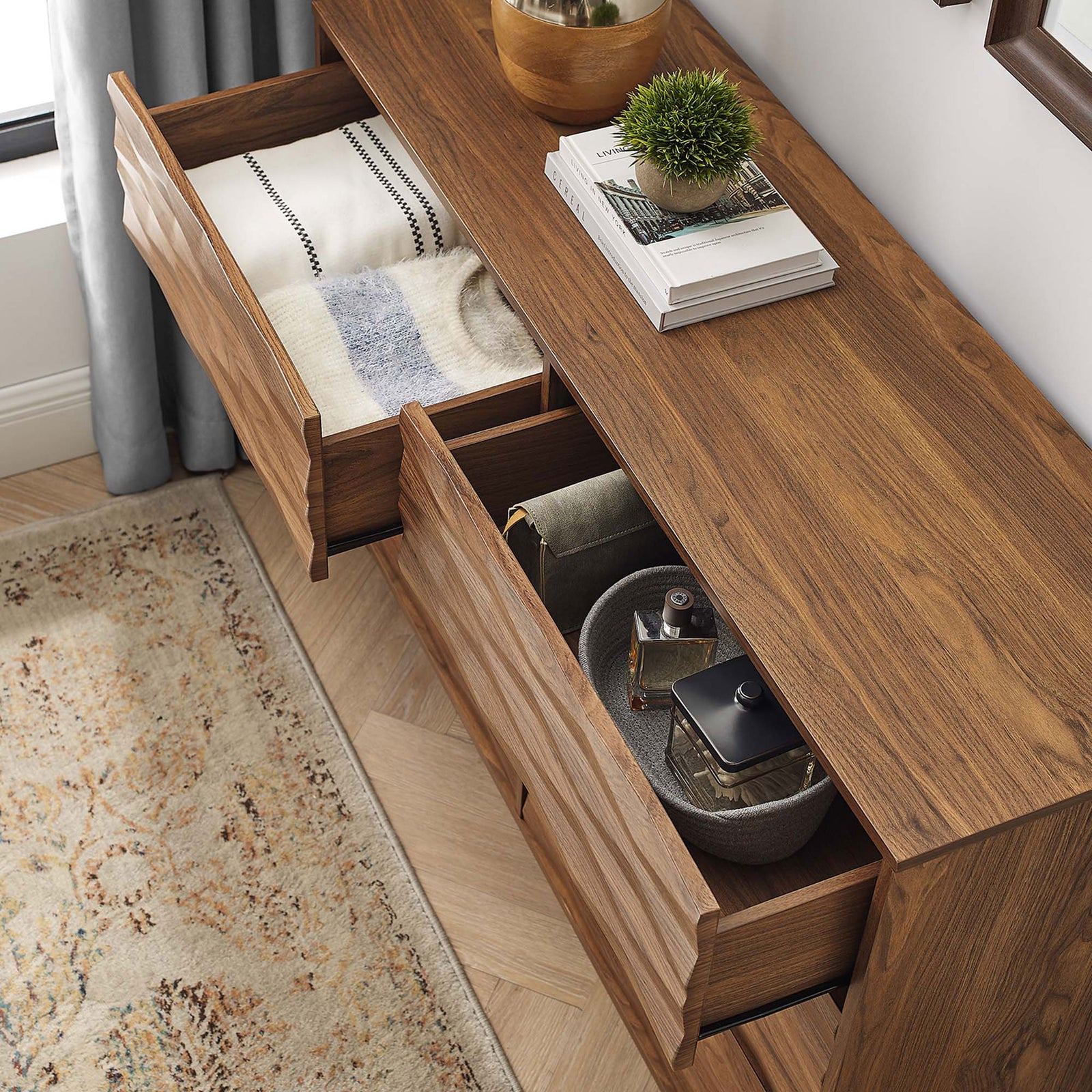 Styled walnut dresser top with drawers open to organize blankets, baskets, and everyday bedroom essentials || MOD-7083-WAL || storage_open_room