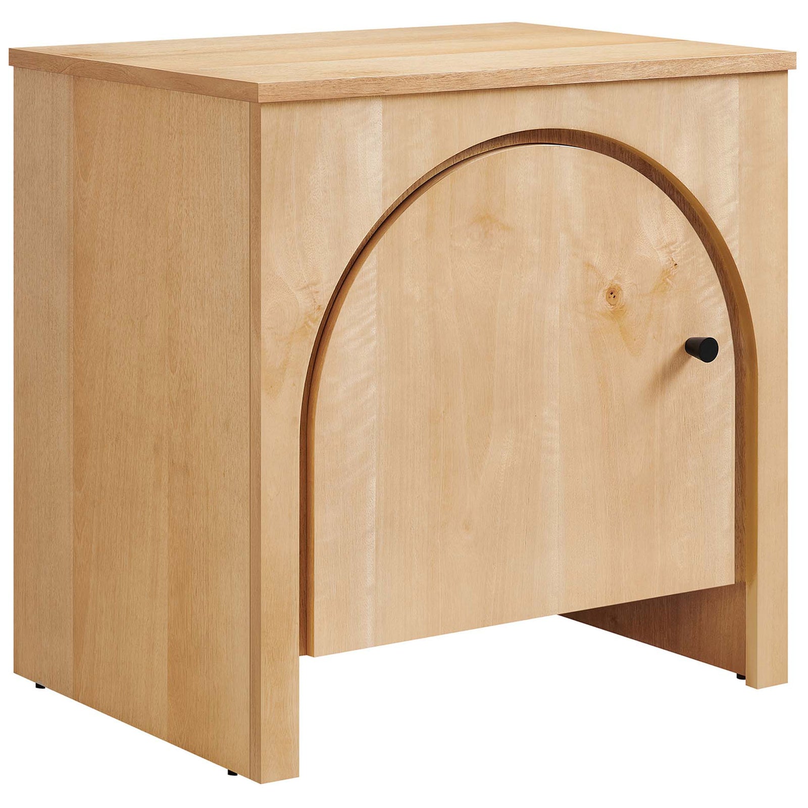 Arched oak nightstand with clean lines and warm wood grain for a modern bedside look. || MOD-7109-OAK || front_angle_studio