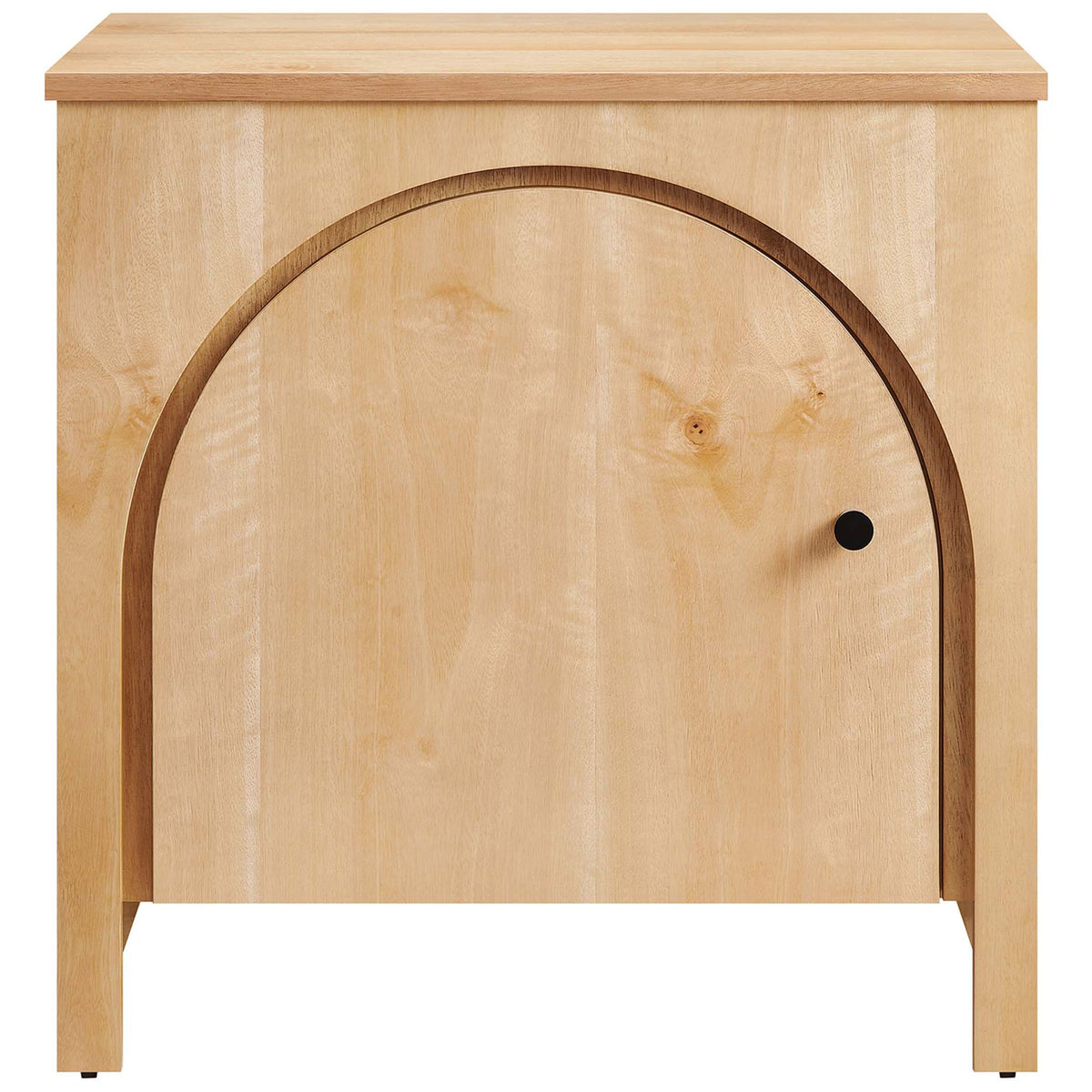 Front view of arched oak nightstand with black knob and softly curved cabinet door. || MOD-7109-OAK || front_studio