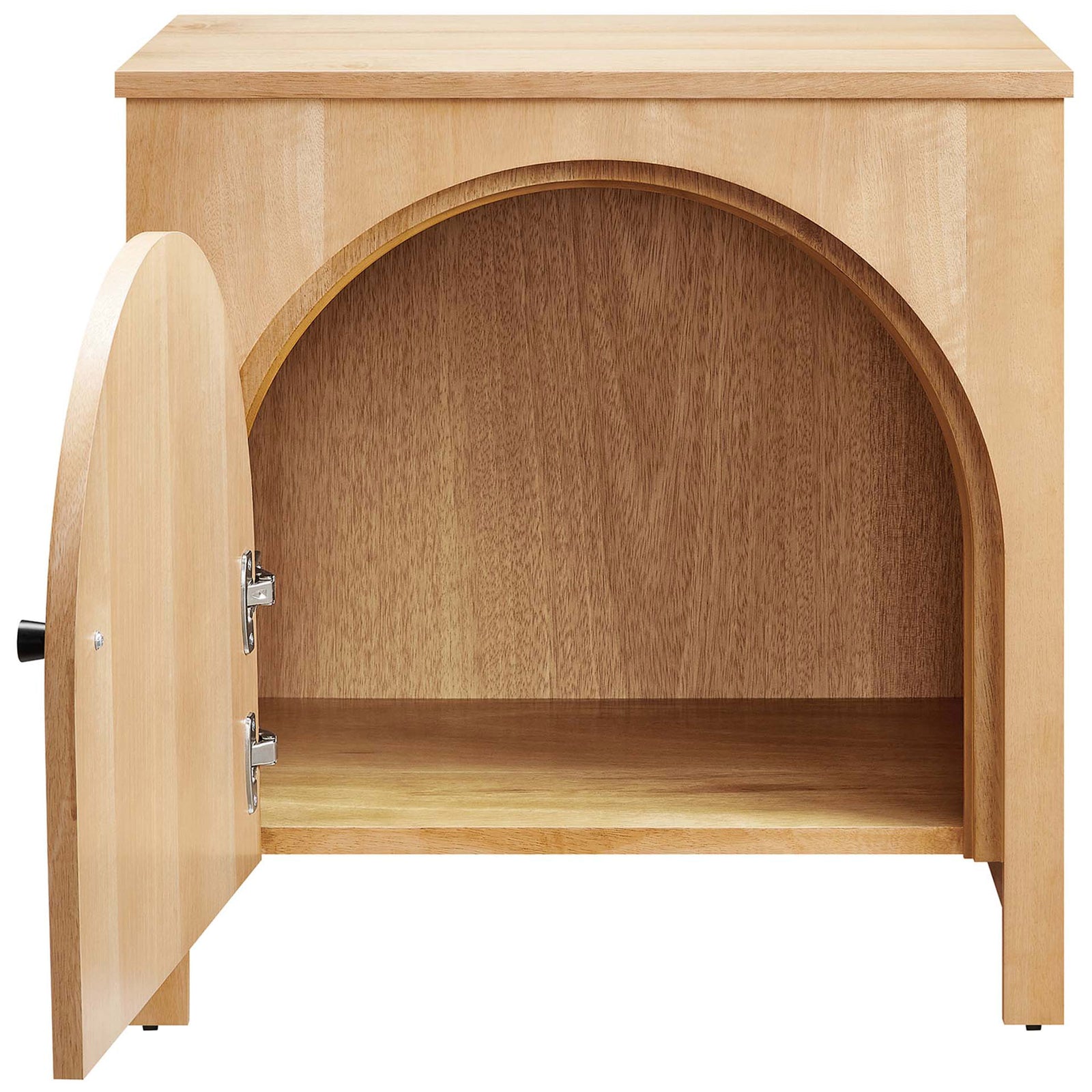 Oak nightstand with arched door open to reveal spacious interior storage shelf. || MOD-7109-OAK || front_open_studio