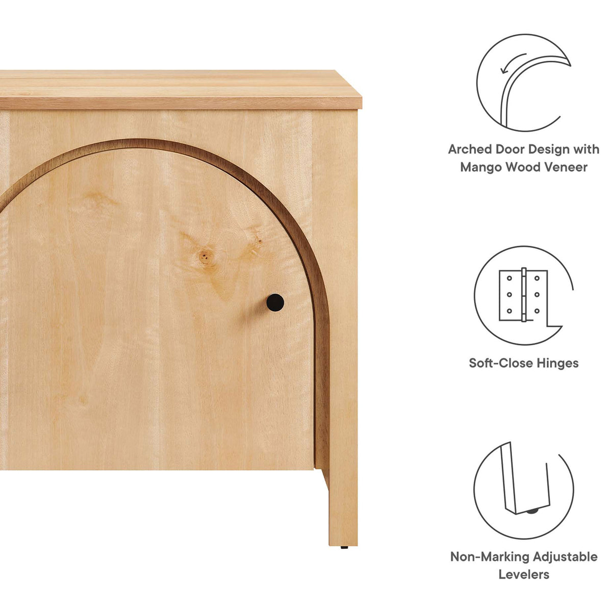 Oak arched nightstand with icons highlighting veneer, soft-close hinges, and adjustable levelers. || MOD-7109-OAK || callout_studio