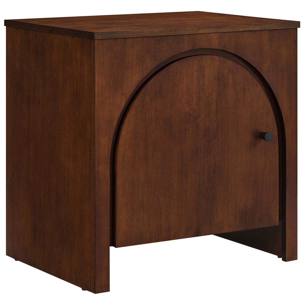 Walnut nightstand with bold arched door and rich wood grain for a warm modern bedside accent || MOD-7109-WAL || front_angle_studio