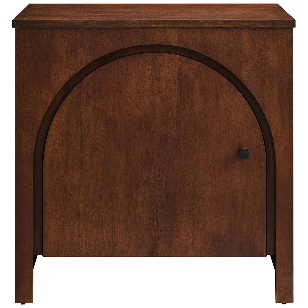 Appia arched door nightstand in walnut finish with minimalist round knob and inset base for modern appeal || MOD-7109-WAL || front_studio