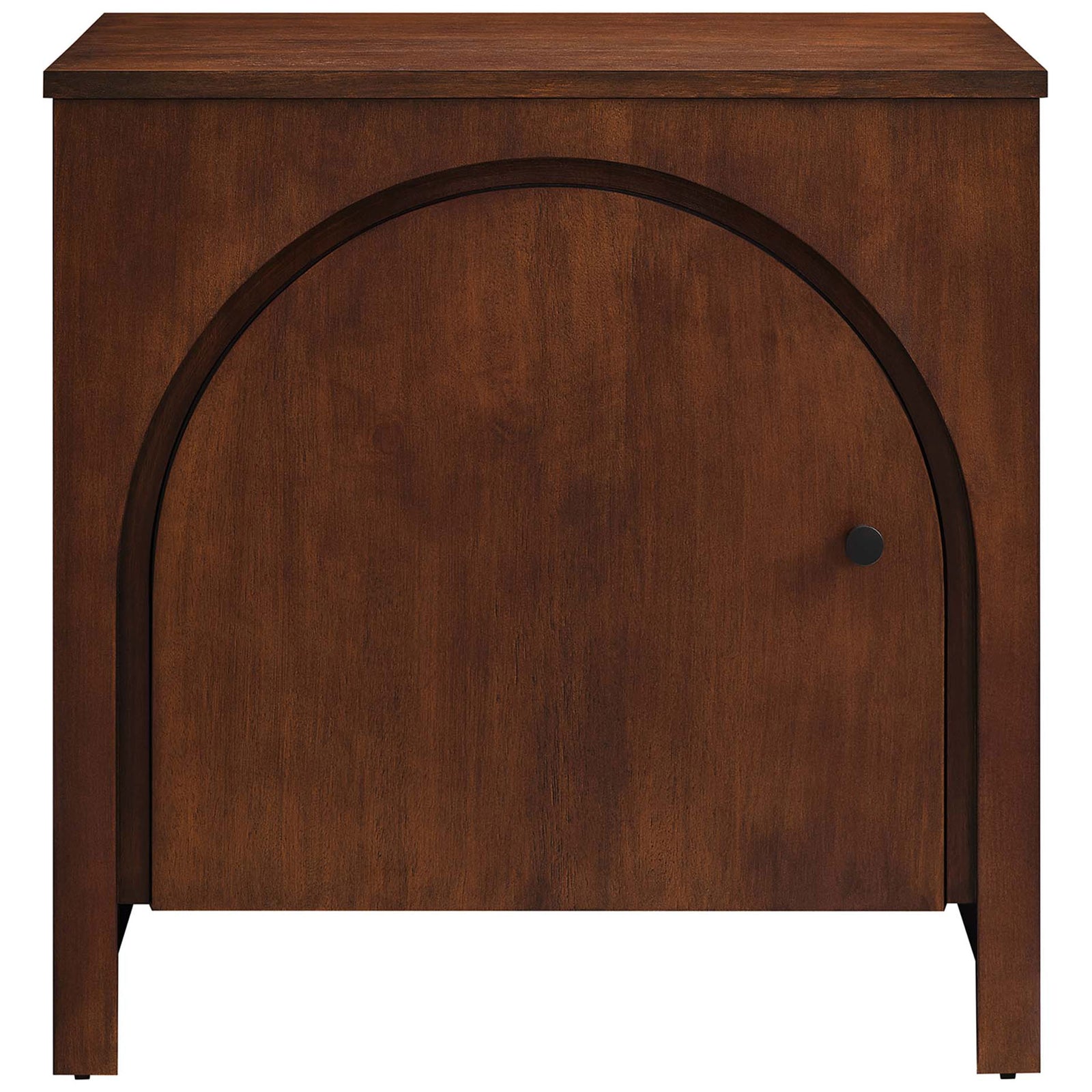 Appia arched door nightstand in walnut finish with minimalist round knob and inset base for modern appeal || MOD-7109-WAL || front_studio