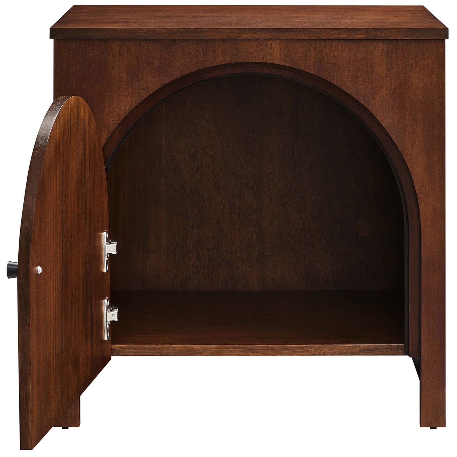 Walnut Appia nightstand with arched door open to reveal spacious interior cabinet for bedside storage || MOD-7109-WAL || front_open_studio