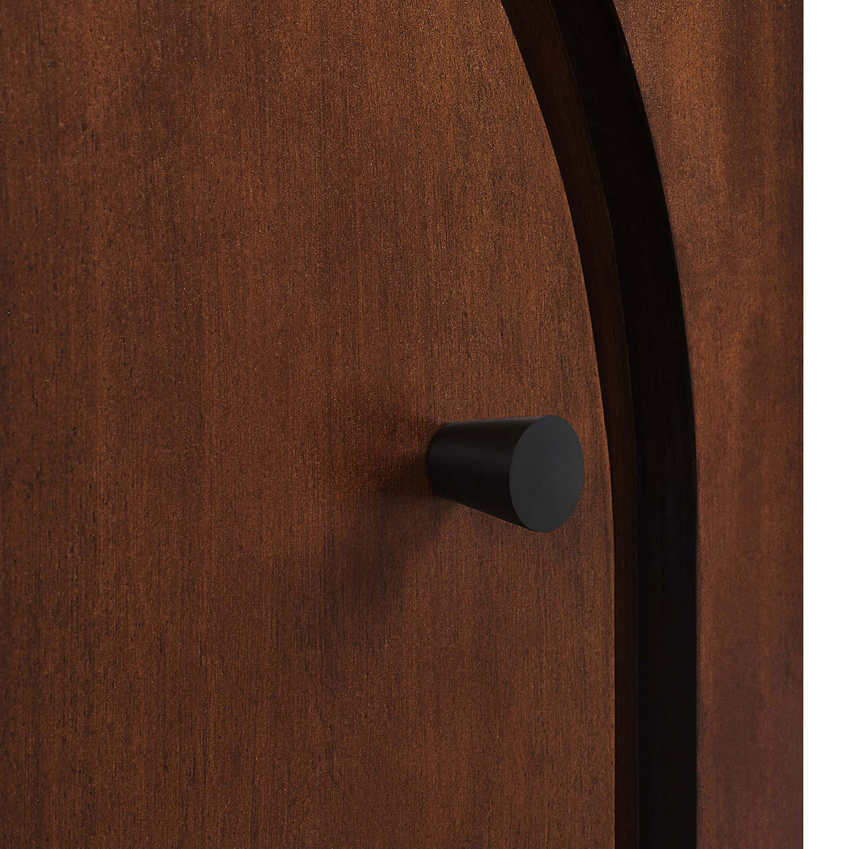 Refined detail of Appia nightstand arched panel and matte black knob highlighting craftsmanship || MOD-7109-WAL || handle_studio