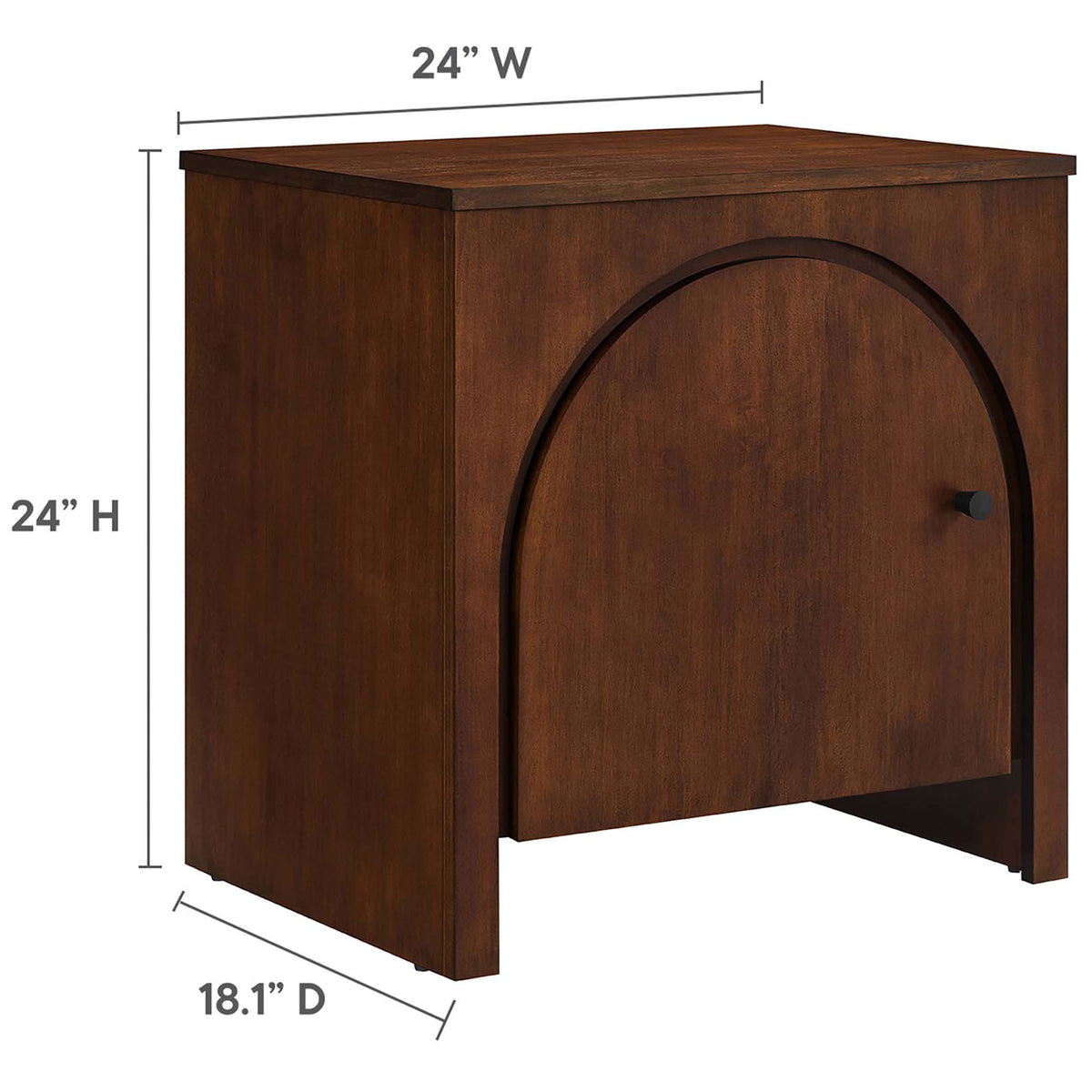 Dimensional view of the Appia nightstand in walnut, illustrating compact footprint and balanced proportions || MOD-7109-WAL || dimension_studio