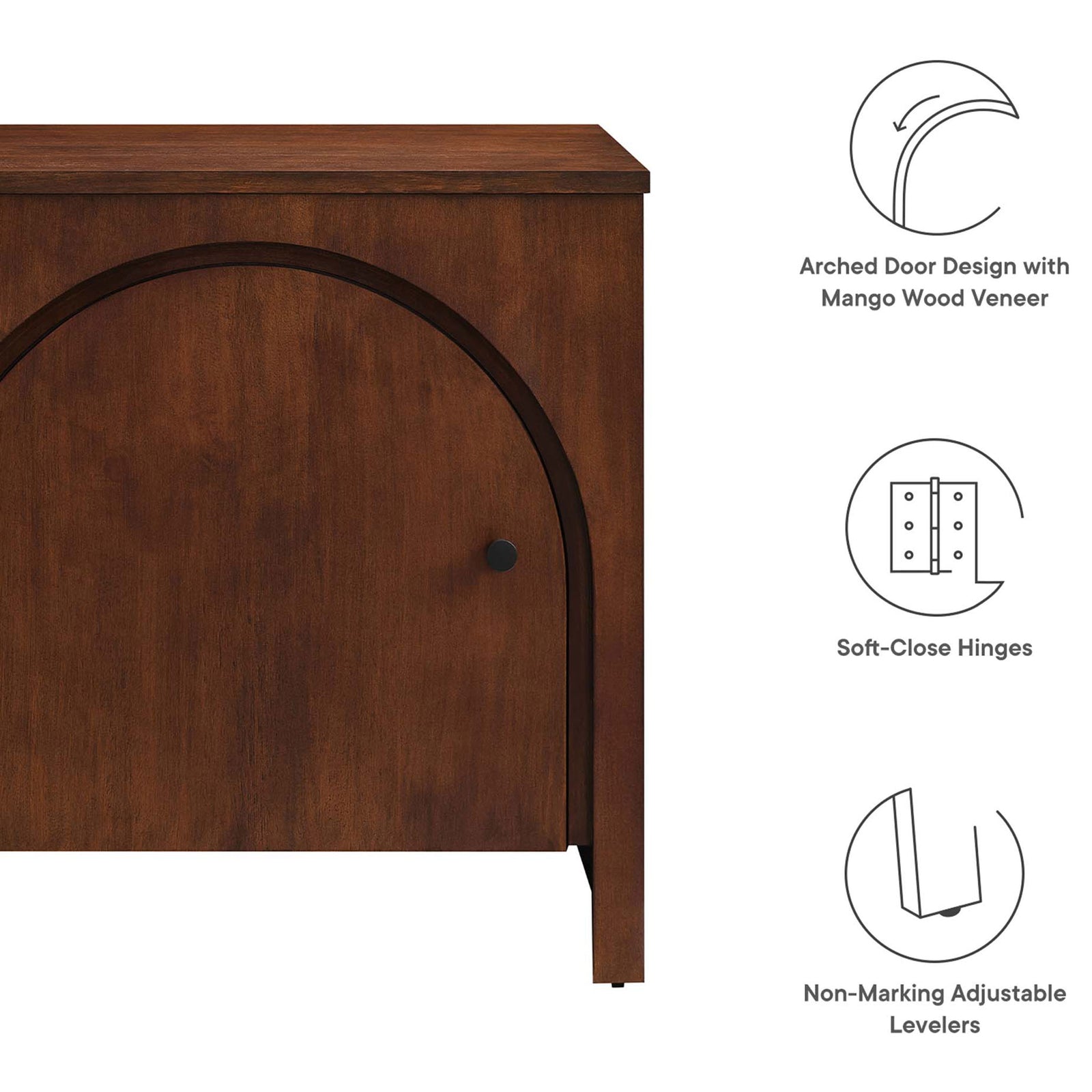 Appia nightstand in walnut featuring arched door design, soft close hinges, and non marking adjustable levelers || MOD-7109-WAL || callout_studio