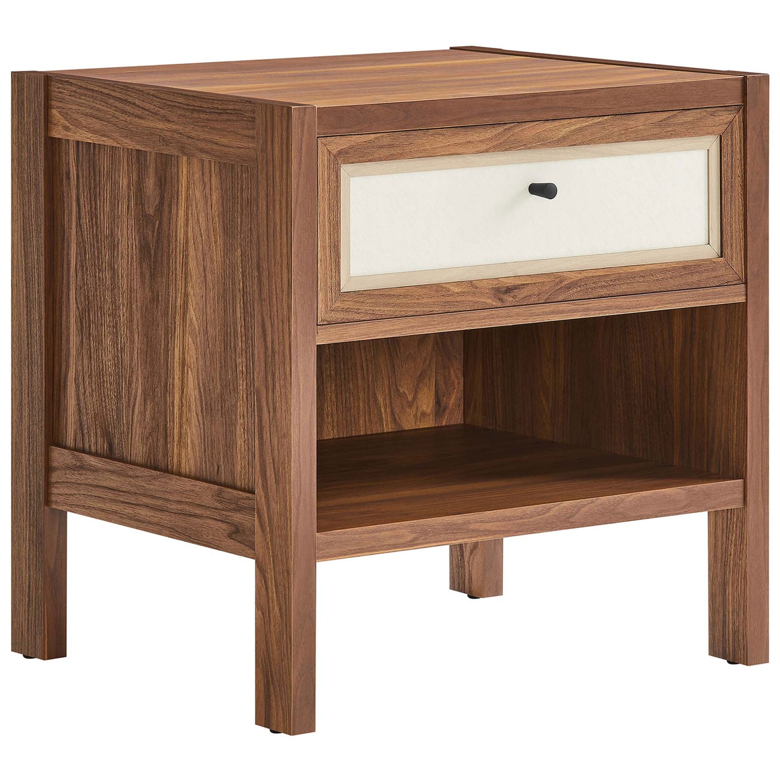 Warm walnut nightstand with linen-textured drawer and open storage shelf || MOD-7118-WAL || front_angle_studio