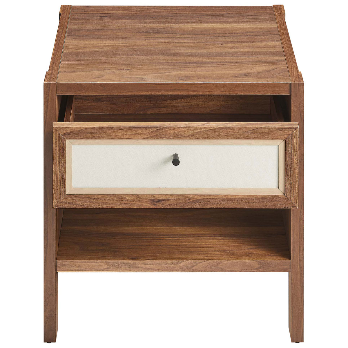 Walnut nightstand with linen-textured drawer smoothly gliding open above an open shelf || MOD-7118-WAL || front_angle_open_studio