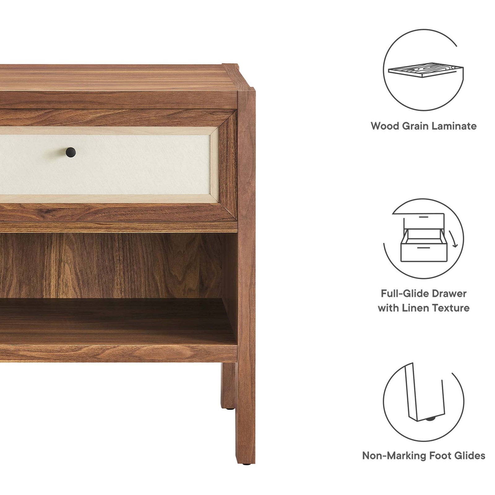 Capri nightstand features wood grain laminate top, full-glide linen drawer, and non-marking feet || MOD-7118-WAL || callout_studio