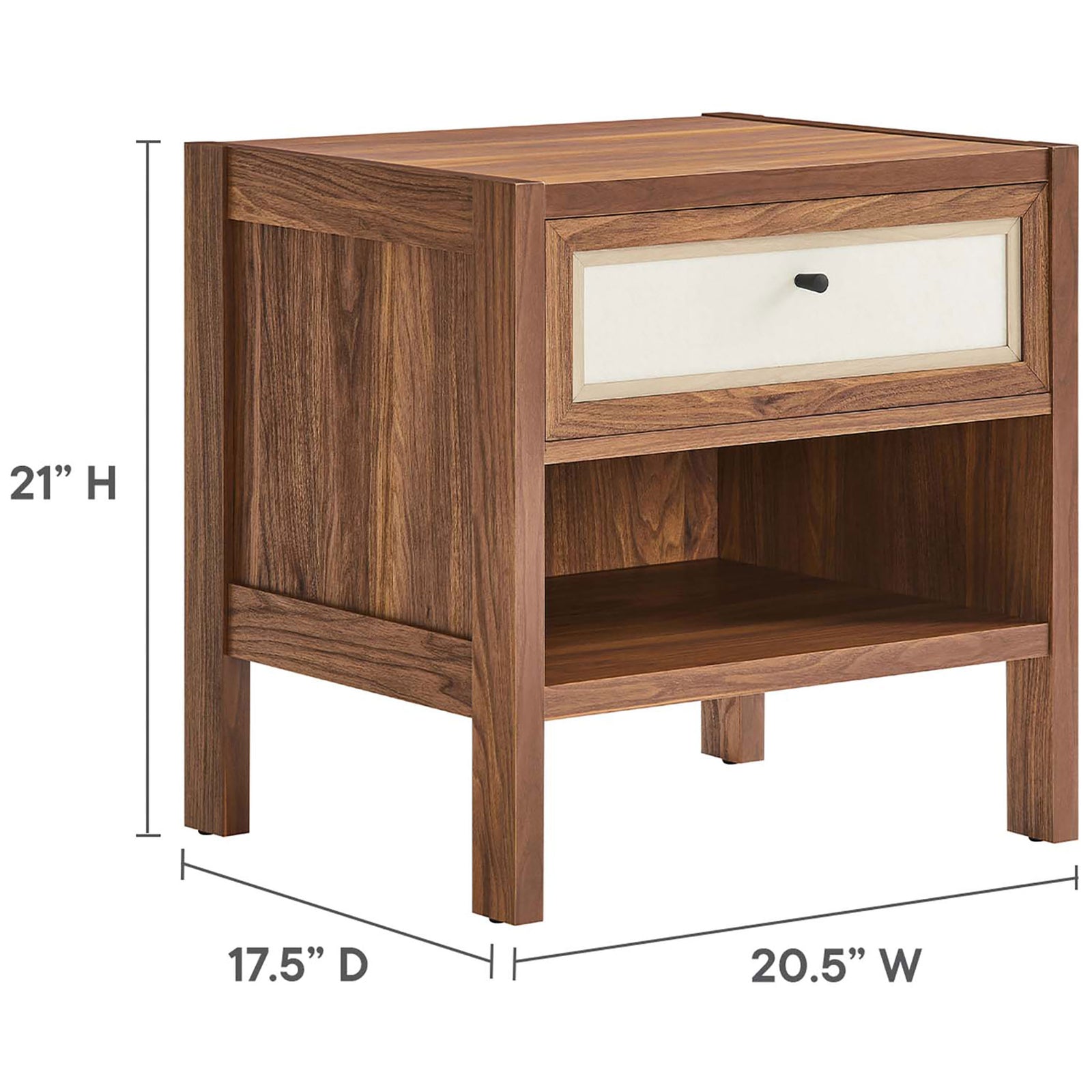 Capri walnut nightstand measures 21 in high by 20.5 in wide by 17.5 in deep for balanced bedside storage || MOD-7118-WAL || dimension_studio