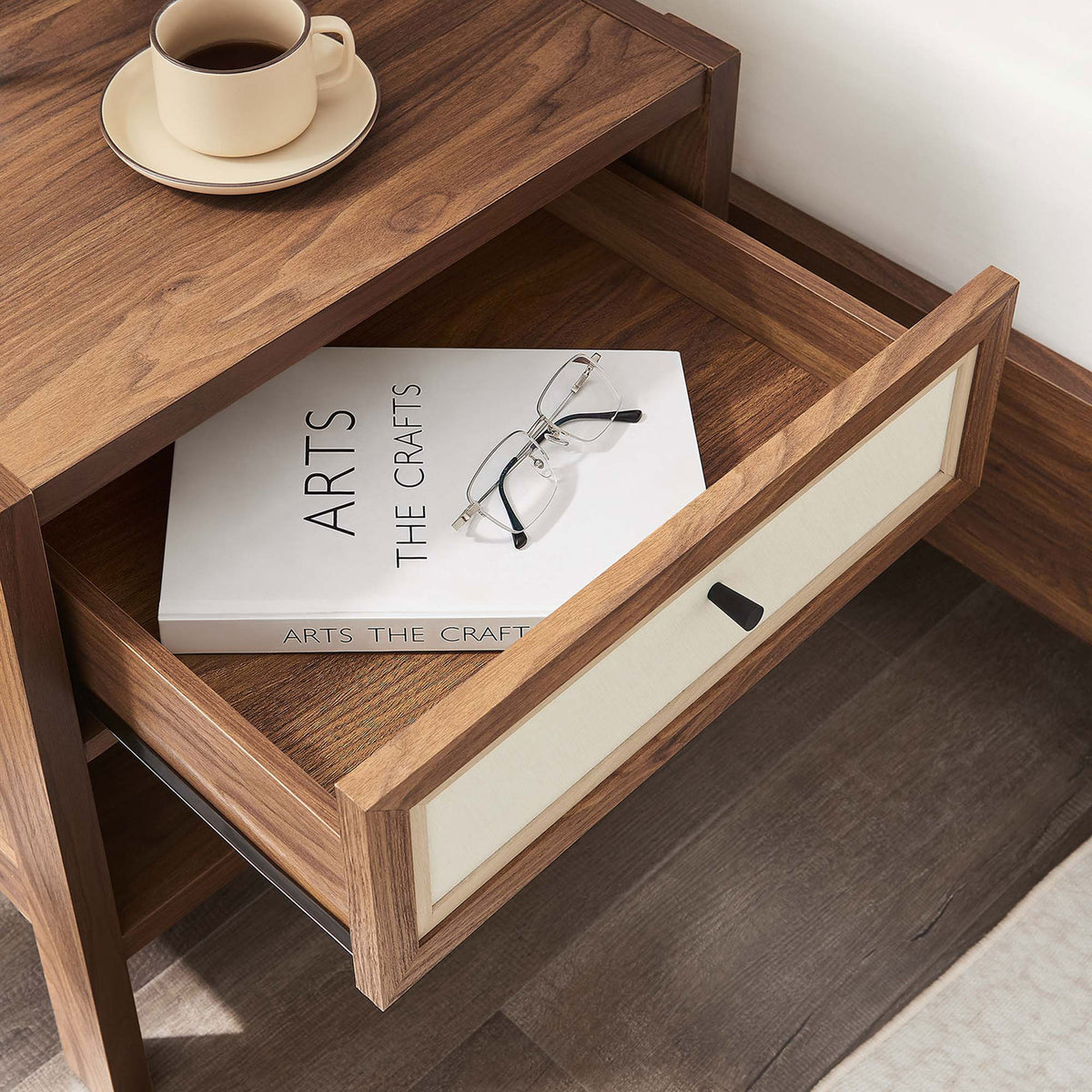 Walnut nightstand in use with drawer open to store books and top surface holding morning coffee || MOD-7118-WAL || front_angle_open_room