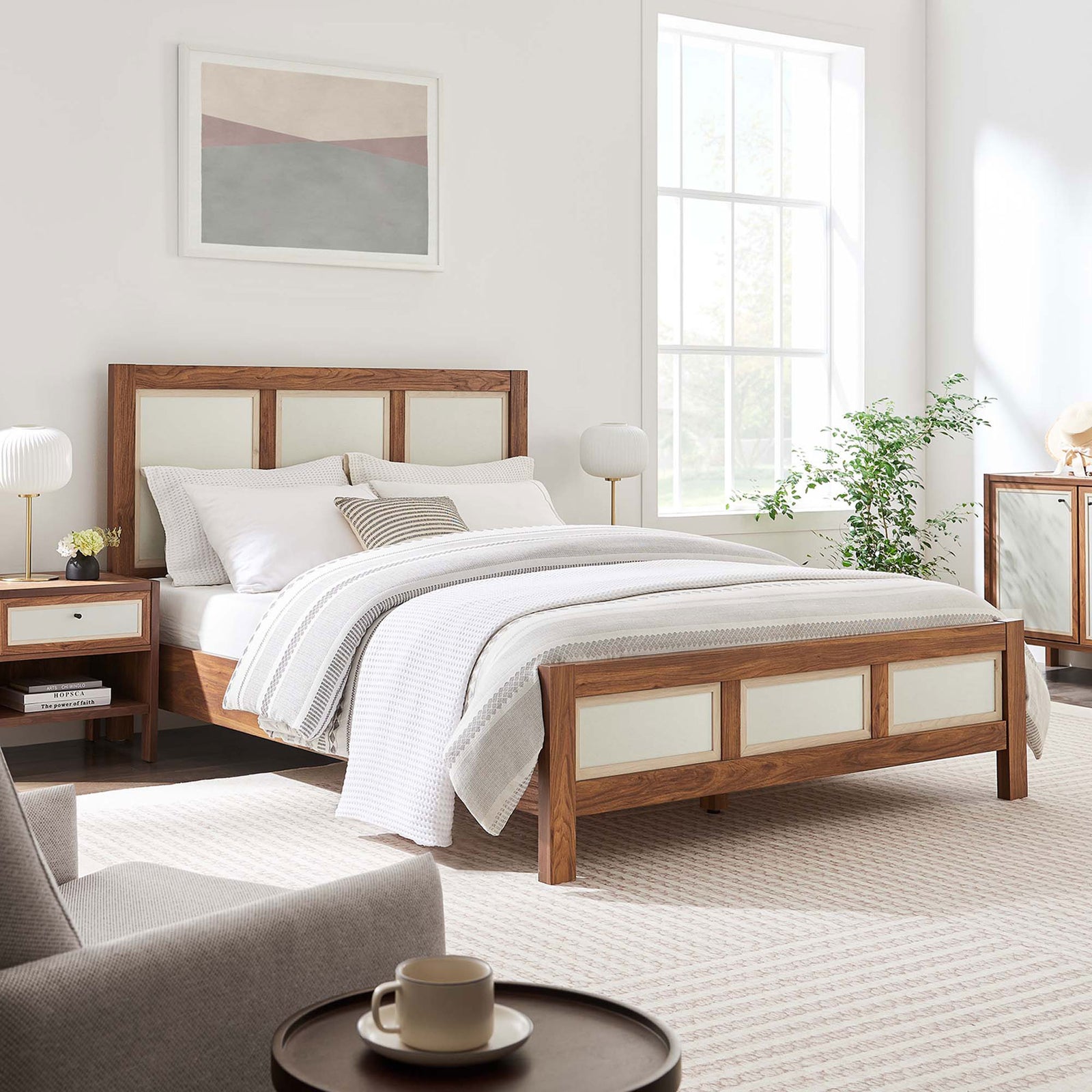 Cozy bedroom features the walnut bed with linen-textured panels and layered neutral bedding || MOD-7119-WAL || front_angle_room